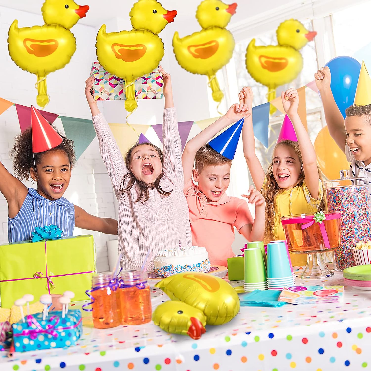 Meooeck 30 Pcs Duck Balloon for Party Decorations, Mini Duck Shape Foil Balloon with 4 Rolls Gold Ribbons for Birthday Baby Shower