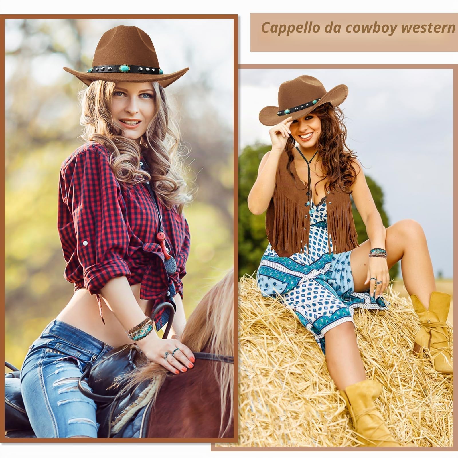 Set di 7 accessori per costume da cowgirl occidentale da donna, con gilet in nappa, cappello da cowgirl, orecchini, anelli, bracciali per carnevale, Halloween, cosplay