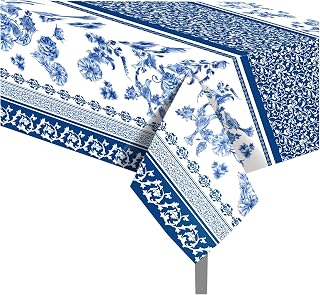 CC HOME 1 Pack Blue and White Porcelain Plastic Tablecloth, 54 x 87 Inch Long Rectangular Reusable Table Cover for Buffet, Chinese Style Birthday Party Holiday Dinner Picnic Wedding Kitchen Event Use