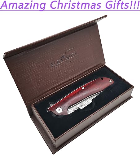 Miniatura 2 de ALBATROSS Cuchillo de bolsillo de apertura asistida con rodamiento de bolas de 7 pulgadas, mango de sándalo rojo y hoja de acero de damasco moderna,