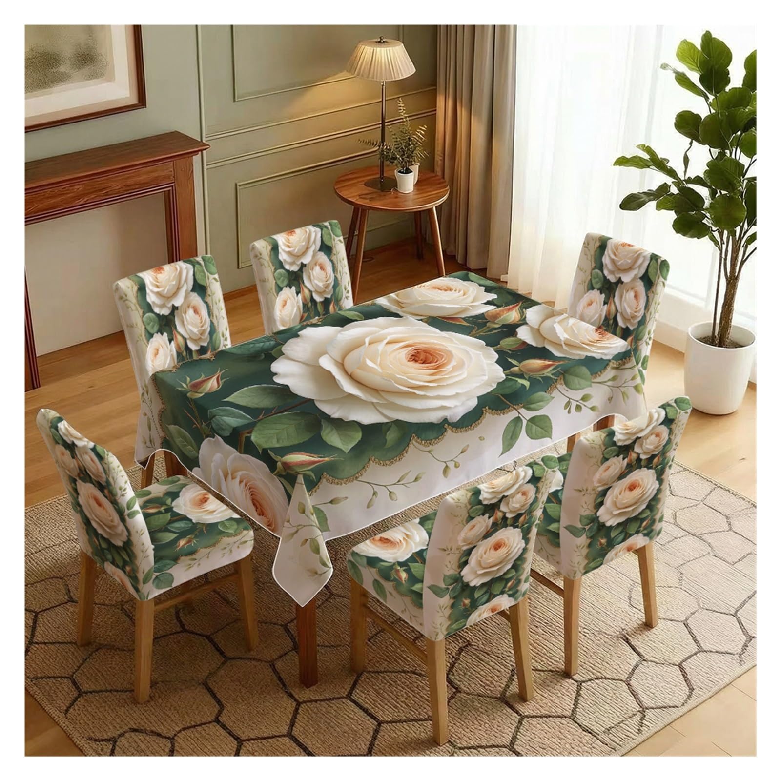 BOSUYBN Vintage White Rose Dark Green Background Floral Print Dining Tablecloth & Chair Covers Set, 5/7 Piece Elegant Farmhouse Dining Decor Table Setting(7pcs Set: Tablecloth+Chair Covers)