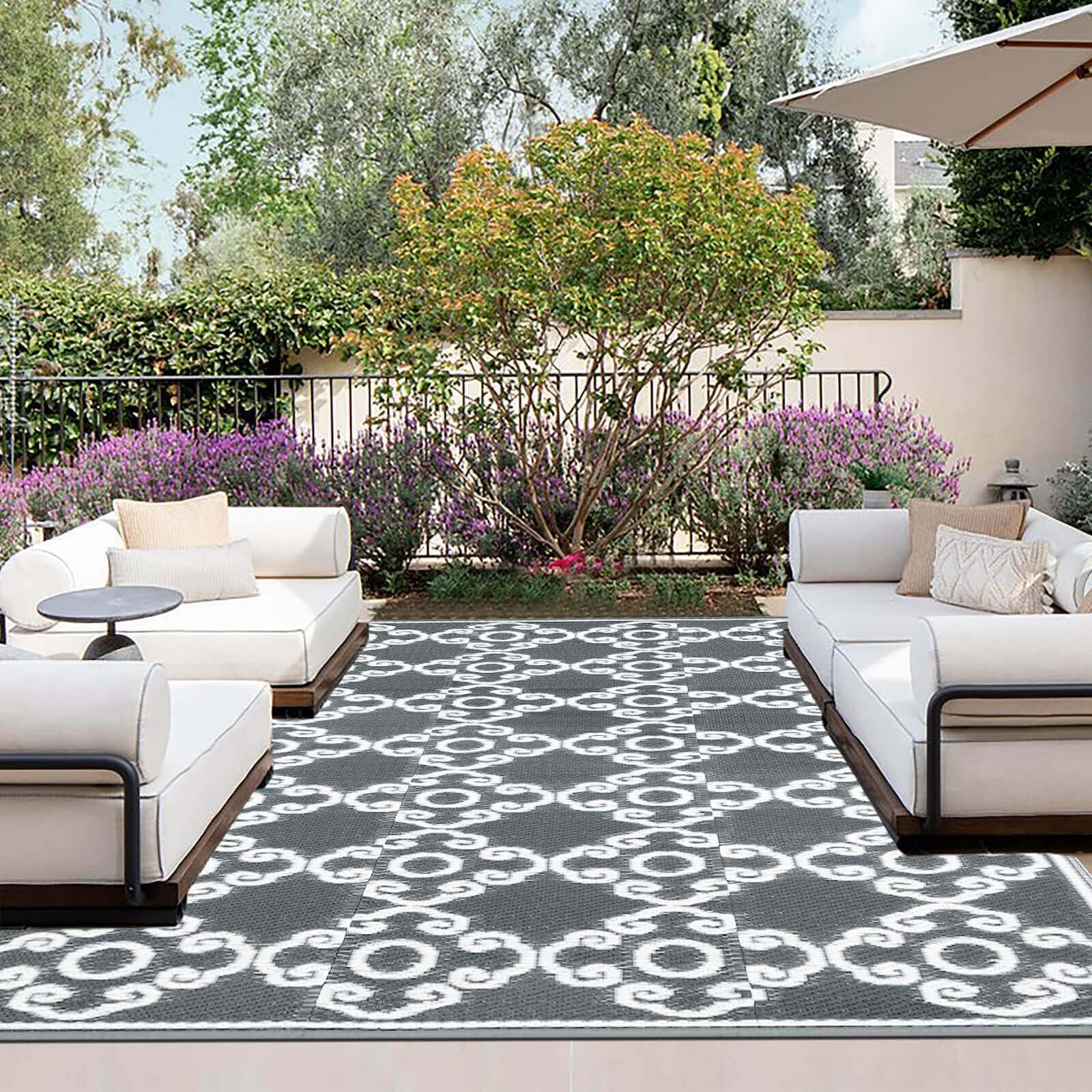 OutdoorLines Outdoor Reversible Rugs for Patio 4x6 ft - Outside Plastic Carpet, Stain & UV Resistant Portable RV Mat, Straw Rug for Camping, Backyard, Deck, Picnic, Porch Moroccan Flower Gray & White
