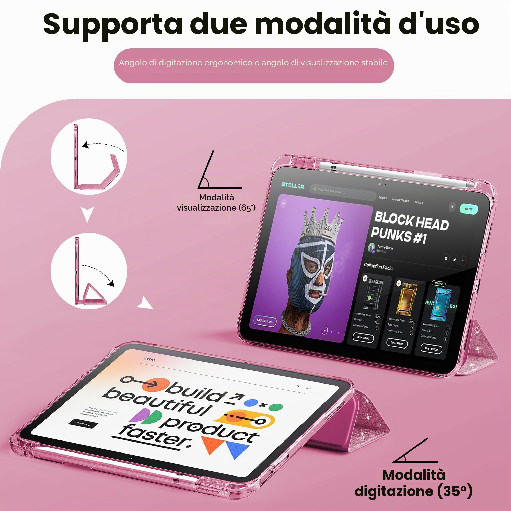 INFILAND Custodia iPad 11 Generazione A16 11 Pollici 2025, iPad 10 Generazione 10,9 Pollici 2022, Glitterata Retro Trasparente Brillante Portapenne Rosa