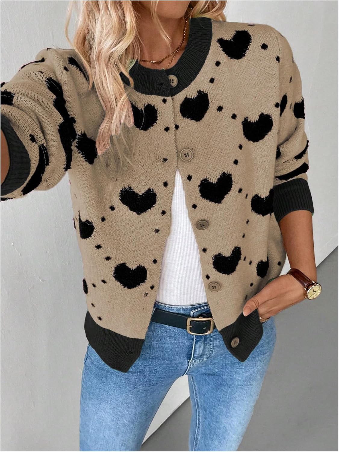 GORGLITTER Women's Heart Long Sleeve Button Down Cardigan Sweater Fall Trendy Dressy Color Block Knit Short Cardigans