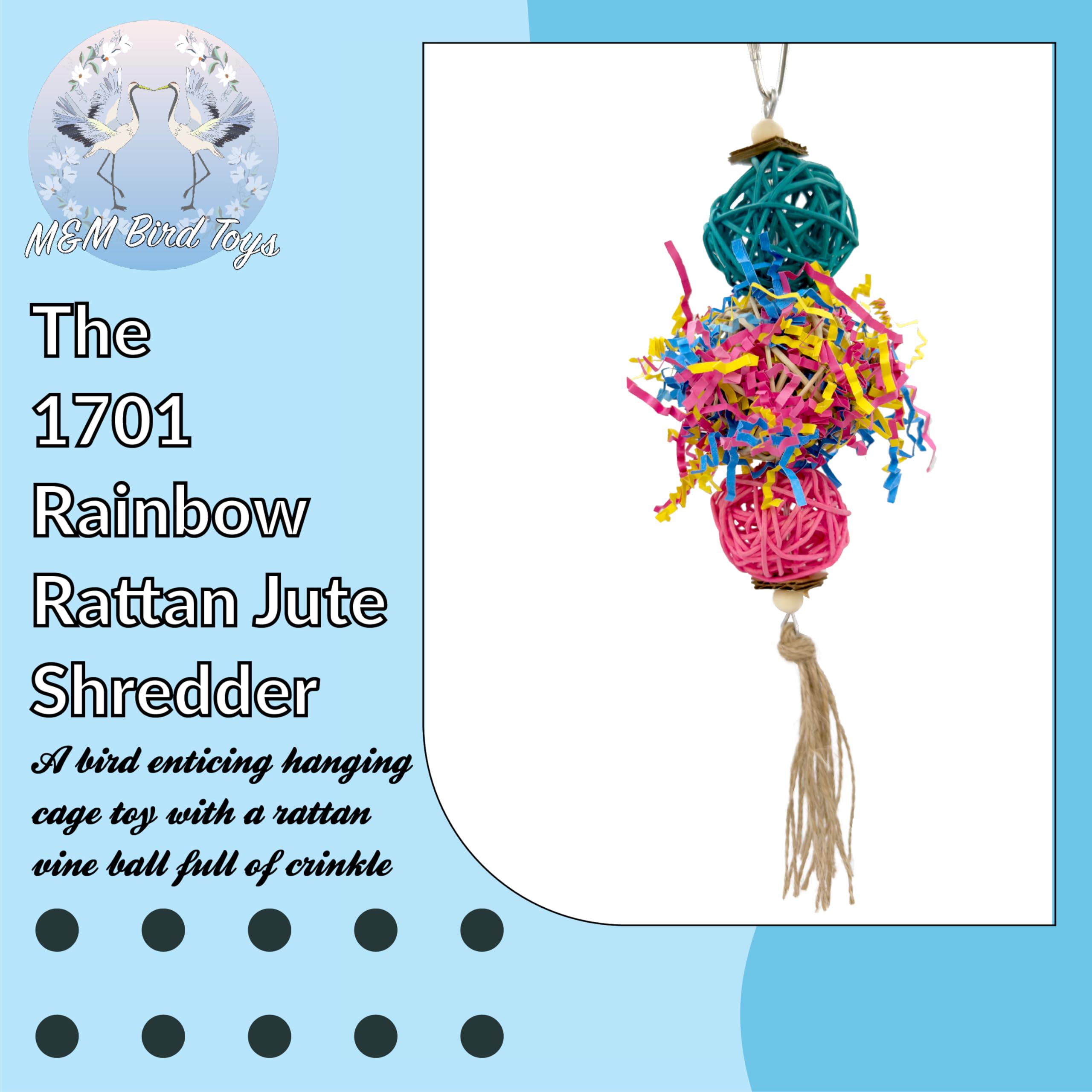 1701 Rainbow Rattan Bird Toy with Jute and Crinkle Paper – Shredding and Foraging Fun for Parakeets, Cockatiels, Conures, and Small Parrots – Natural Bird-Safe Toy for Cage Enrichment - image 2