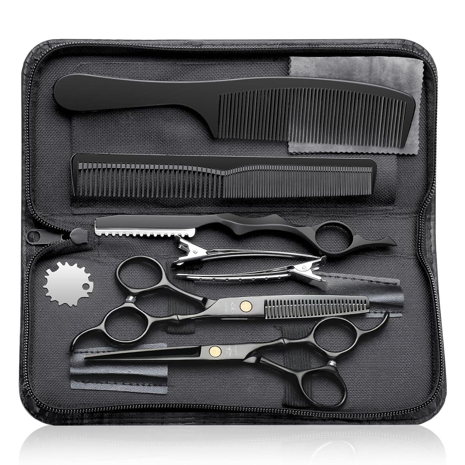 PURPLEBIRD Set di Forbici da Parrucchiere Professionali, Forbici da Parrucchiere con Forbici da Taglio in Acciaio Inox e Forbici per Rifinire i Capelli per Barbieri/Principianti 10 Pezzi Nero
