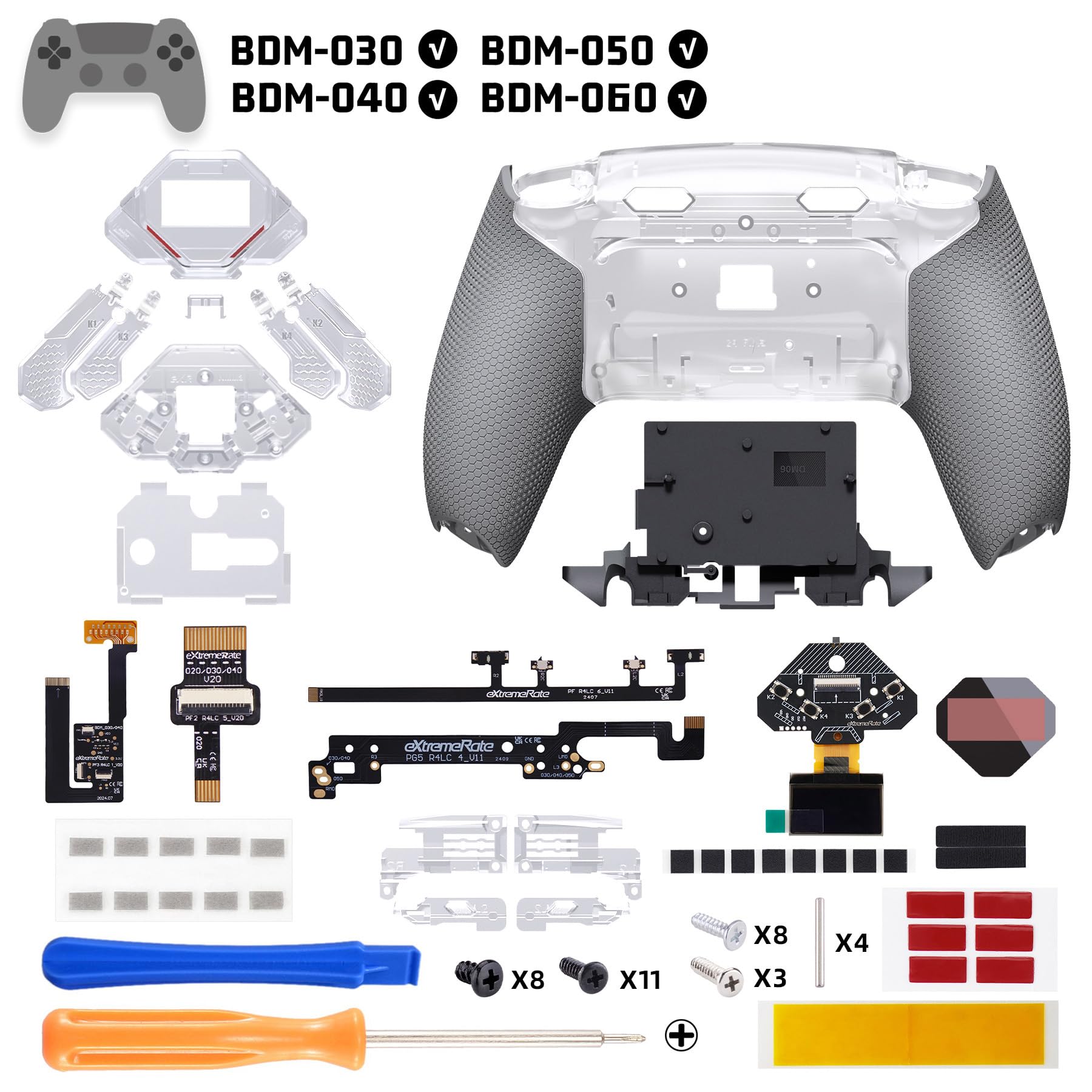 eXtremeRate Spark Remap Kit per ps5 Controller BDM-030 040 050 060, Display OLED +Clicky Trigger Stop +Grip Ergonomici, 4 Tasti Posteriori Rimappabili Accessori per ps5 Joystick, Trasparente&Grigio