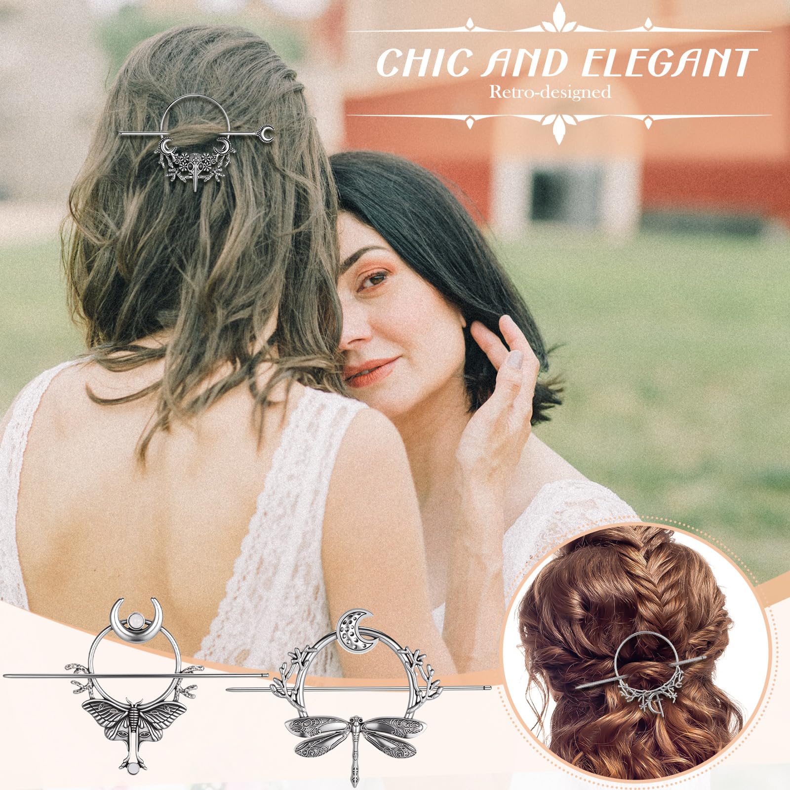 Syhood 8 Pcs Viking Celtic Hair Clips Vintage Knot Hair Stick Retro Silver Metal Celtic Barrette Hairpins Viking Jewelry Accessories for Women (Classic): 8 Moon