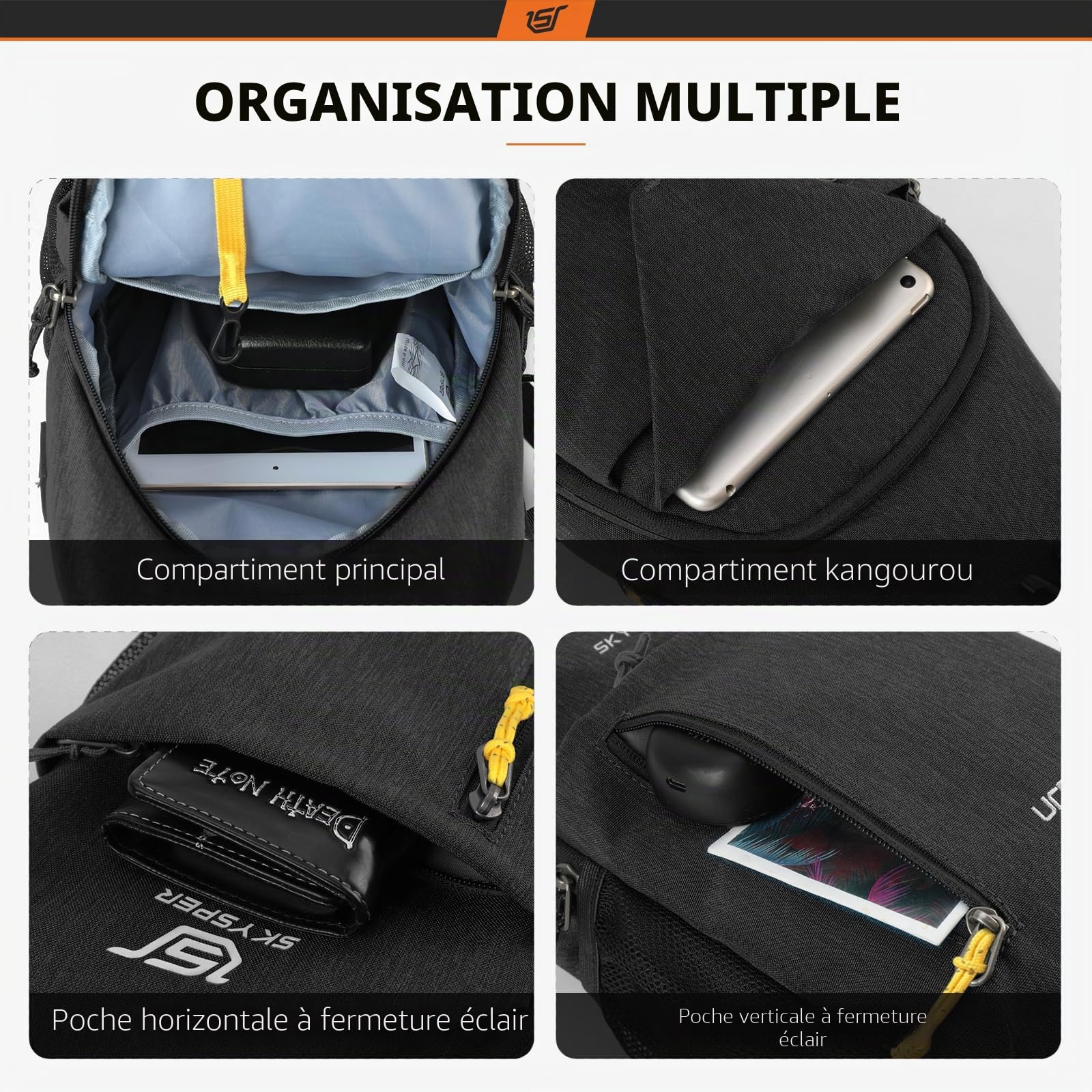 SKYSPER Sacoche Homme Bandouliere, Sacs à dos Porté Travers Sac à Poitrine avec Port pour Écouteurs, Sac à Dos de Voyage pour Homme & Femme