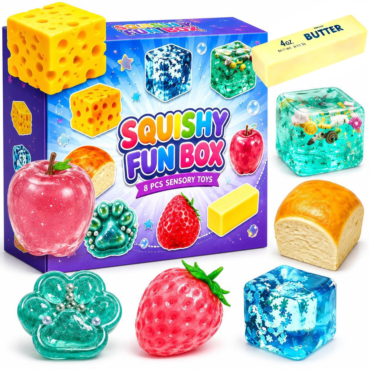 8PCS Squishy Box Mystery Fun Set Pack, Blind Malt Sugar Creative Slow Return Squishies, Relief Hand Relax Desk Decor Party Favor Gifts for Adult (8PCS E)