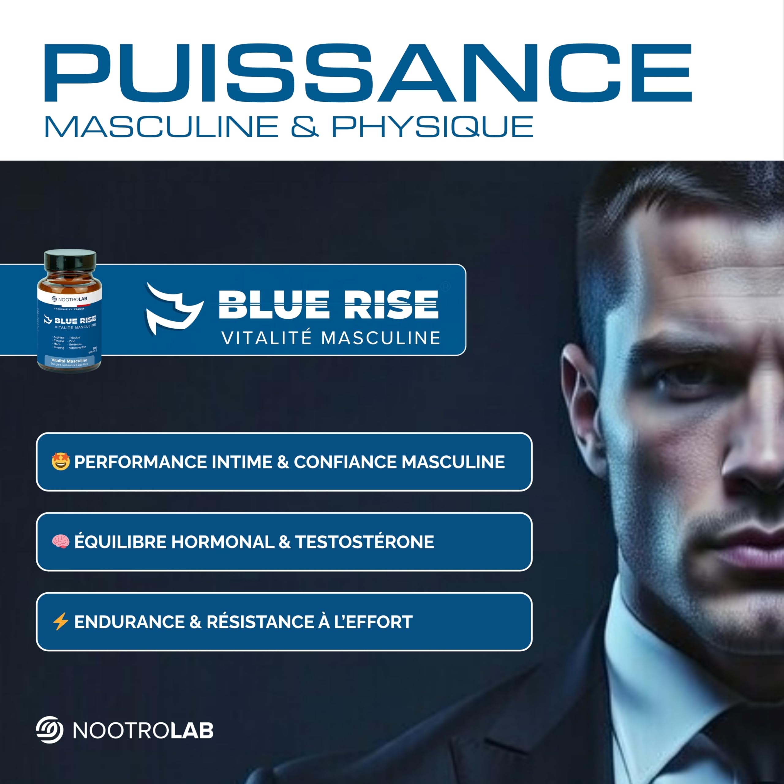 Blue Rise Nootrolab – Vitalité Masculine & Libido – Maca, Ginseng, Tribulus, Arginine, Citrulline – Zinc, Sélénium, Vitamine B12 – Énergie, Endurance, Testostérone – 90 Gélules – Fabriqué en France