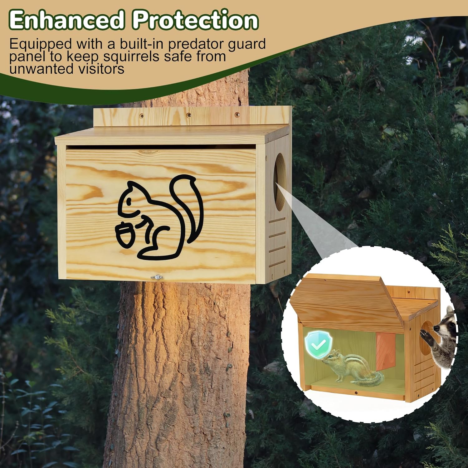 Wooden Squirrel House for Outside, Large Pine Wood Nesting Box with Front Open Panel, Easy Assembly Outdoor Animal Shelter for Backyard, Garden & Trees