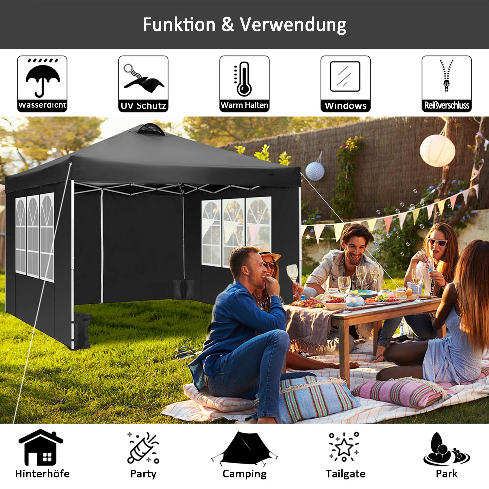 COBIZI Pavillon 3x3m Wasserdicht Stabil Winterfest Faltpavillon Partyzelt Gartenpavillon mit Entlüftung, 4 Seitenteilen, 4 Sandsack, Höhenverstellbar, Pop up Faltbar Gartenzelt, Schwarz