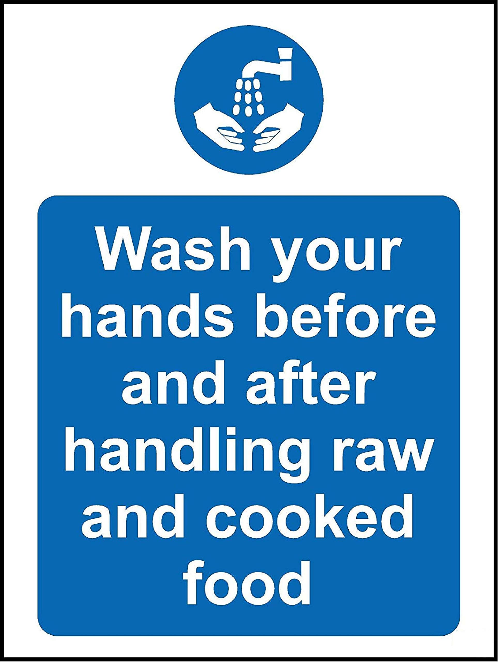 Wash your hands before and after handling raw and cooked meat Hygiene catering safety sign - 1.2mm Rigid plastic 300mm x 200mm