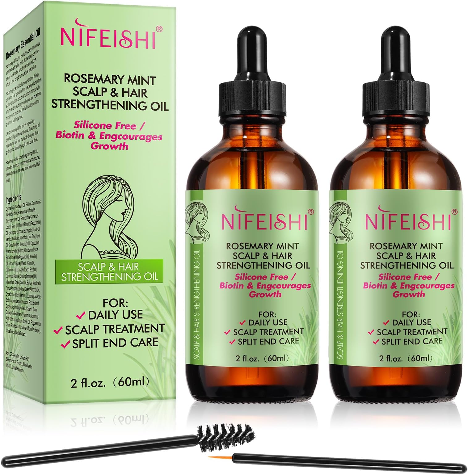 Rosemary Oil for Hair Growth 2 Pack, Rosemary Essential Oil for Skin, Face, Eyebrow and Eyelash Growth,100% Pure Natural, Improved Hair Growth, Nourishes Scalp, Rosemary Hair Oil For Men Women