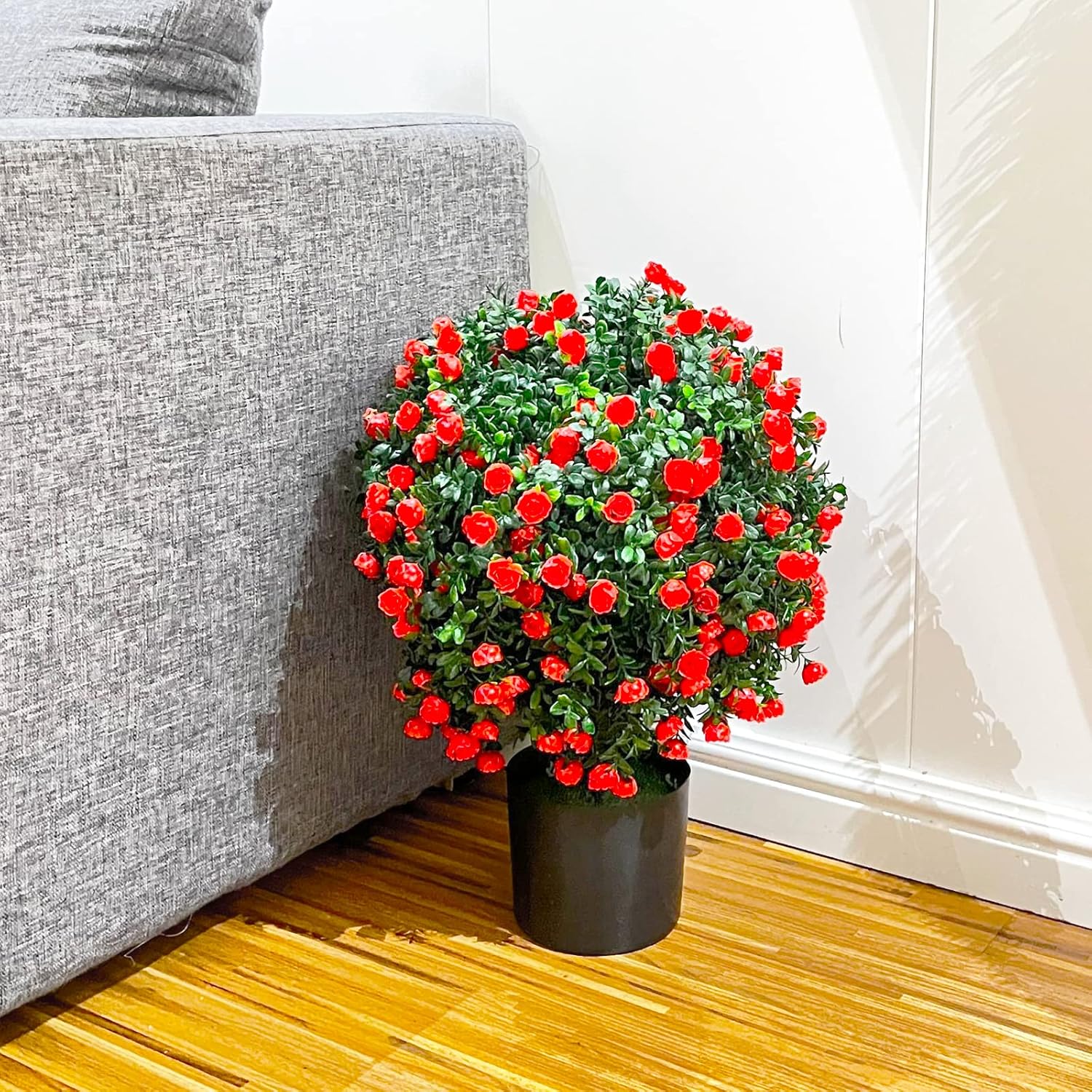 Condition photo showing New/Like New for sunnyglade 21.6” tall artificial rose topiary ball tree set of 2 pack potted bushes uv resistant potted plants for indoor outdoor home garden(red)