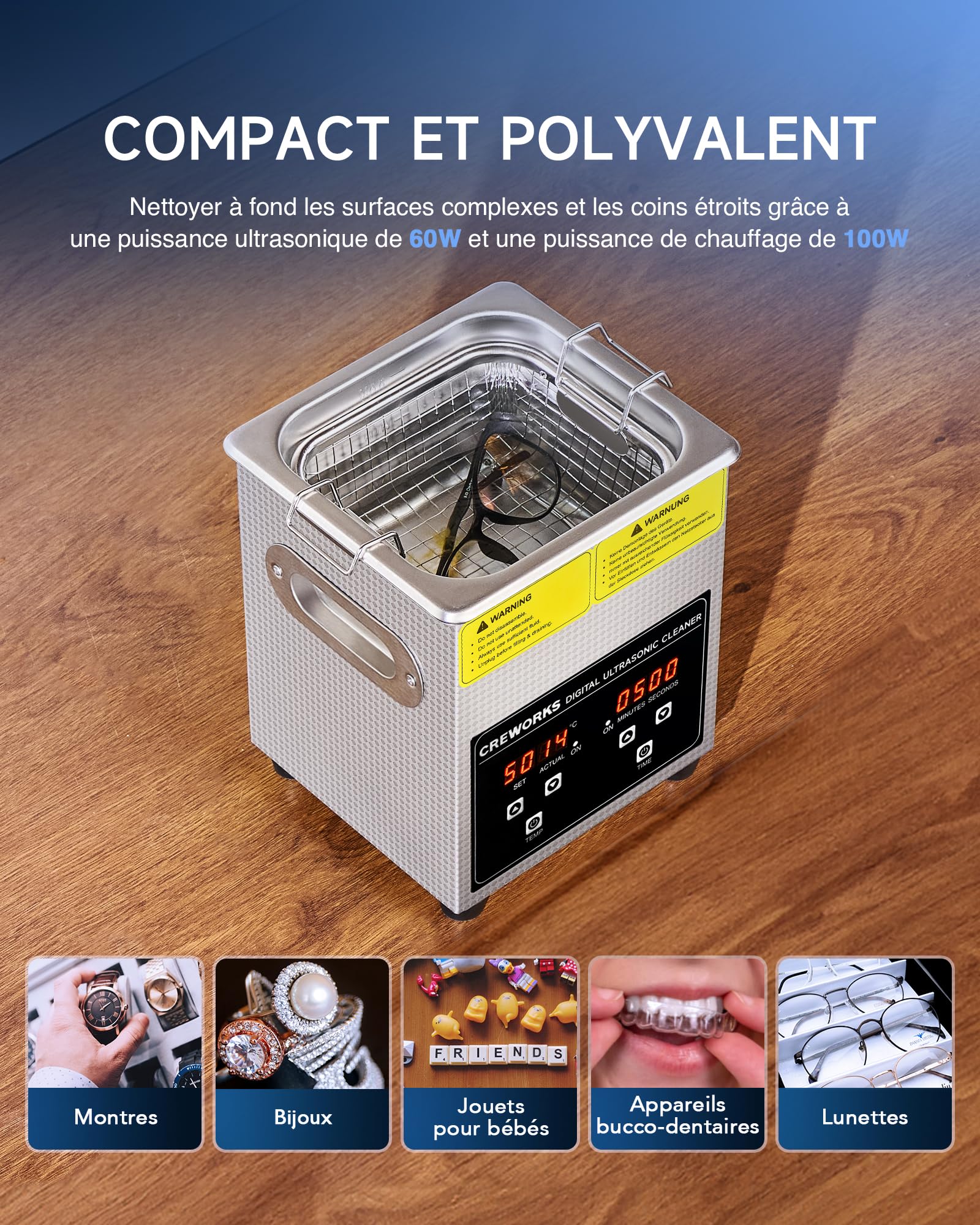 CREWORKS 2L Nettoyeur à Ultrasons 60W Bac Ultrasons 40kHz Professionnelle avec Fonction Minuterie et Chauffage en Acier Inoxydable 304 pour Bijoux Montres Lunettes