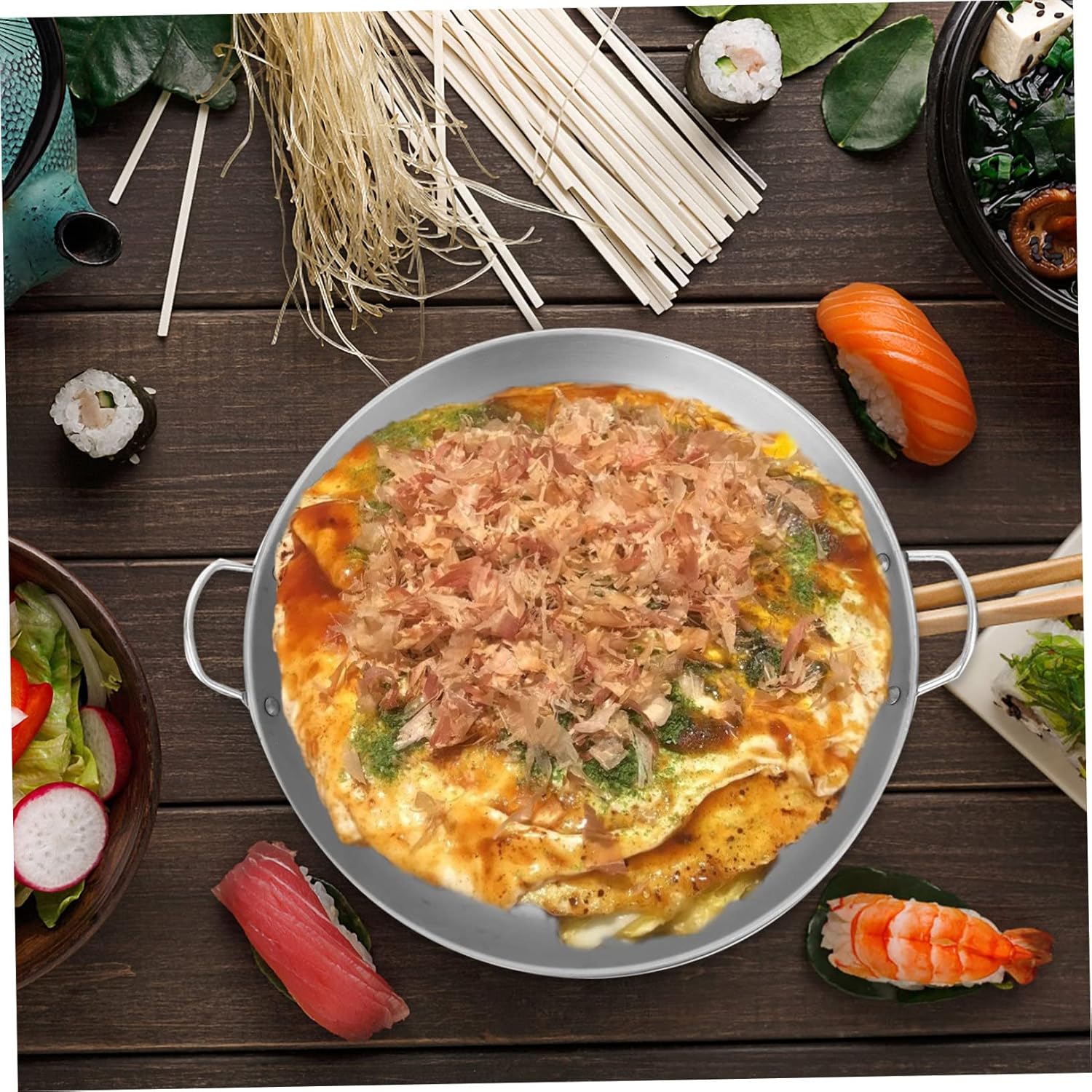 Household Iron Flat Bottom Bbq Pan Sturdy Cast Wrought Iron Round Grill Plate for Steak Chicken Barbecue Cooking with Double Ear Design