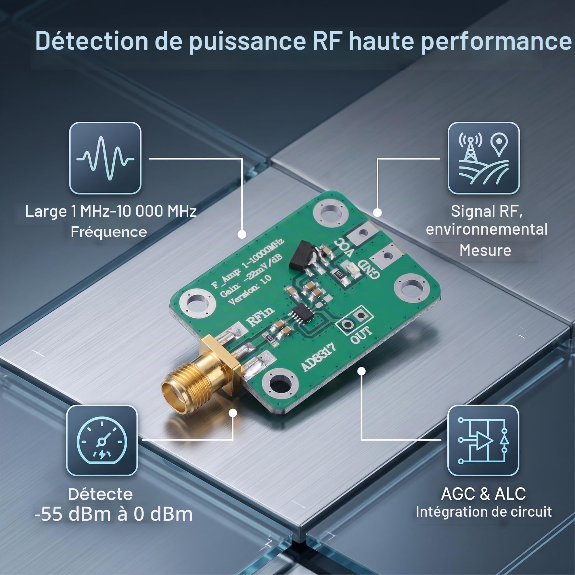 1M à 10000MHz AD8317 RF, Compteur de Puissance RF AD8318 Compteur de Puissance de Signal Détecteur Logarithmique Contrôle Dynamique ALC AGC