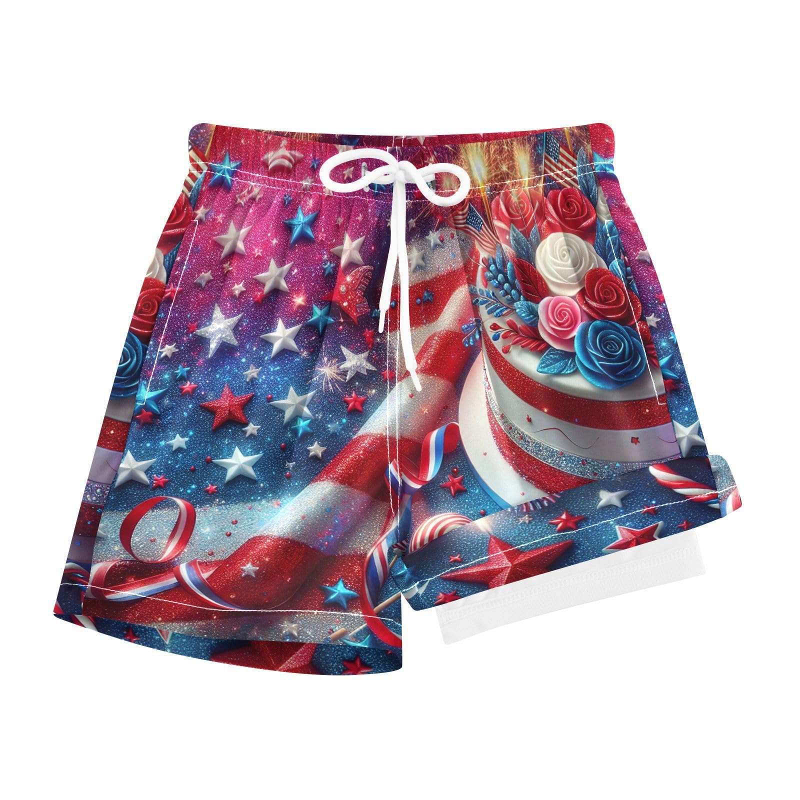 YANENDIE Boy Swim Trunks with Compression Liner Independence Day Boys Swim Shorts Quick Dry Beach Shorts
