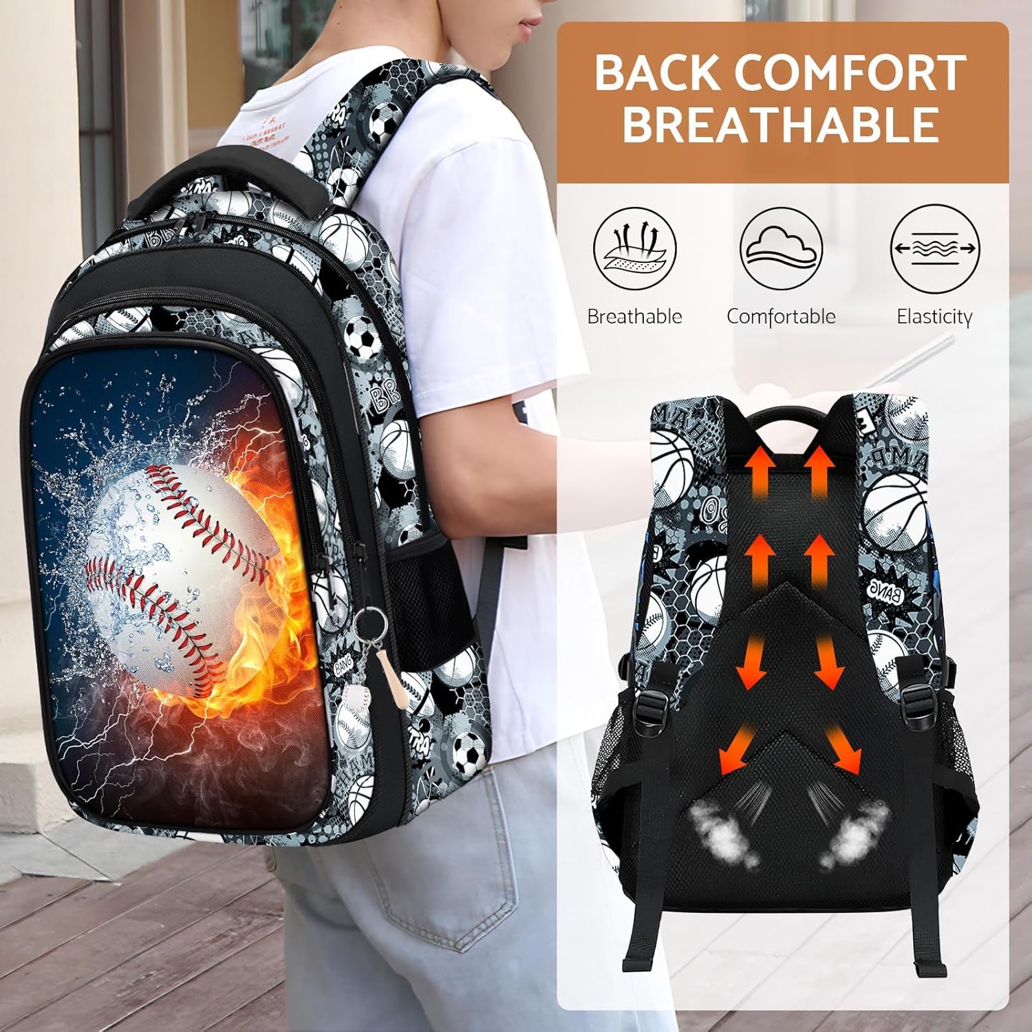 School Backpack for Boys - 4pcs Baseball Boys Backpack with Lunch Box Set for Kids Children Teens Elementary Middle School - 17″ Sport Bookbag Travel Back Pack for Age 6-18 - Image 7