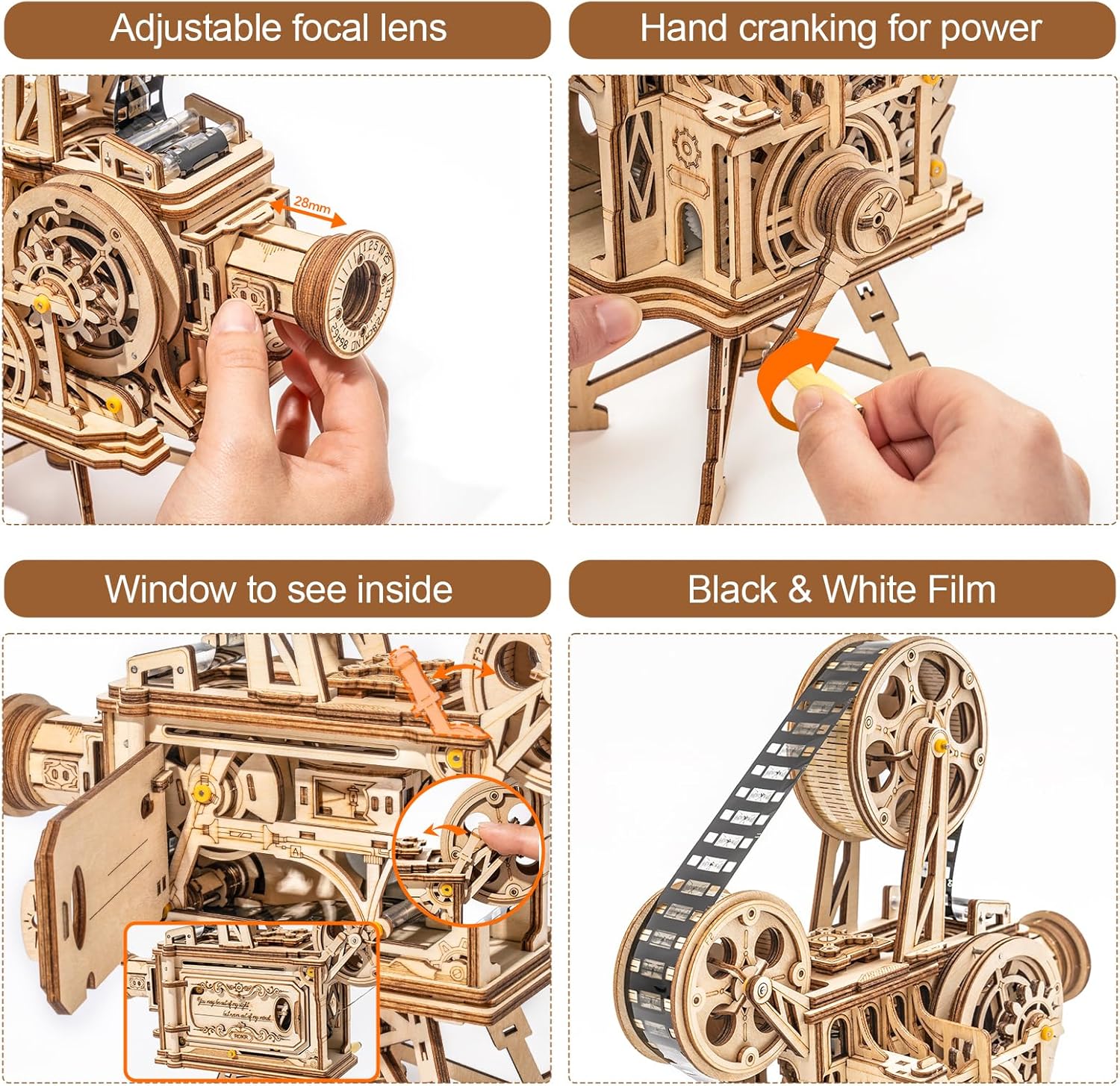 Rowood 3D Puzzle for Adults, DIY Wooden Model Kit for Adults to Build, Handheld Film Mechanical Gear Building Set, Birthday Vitascope Projector