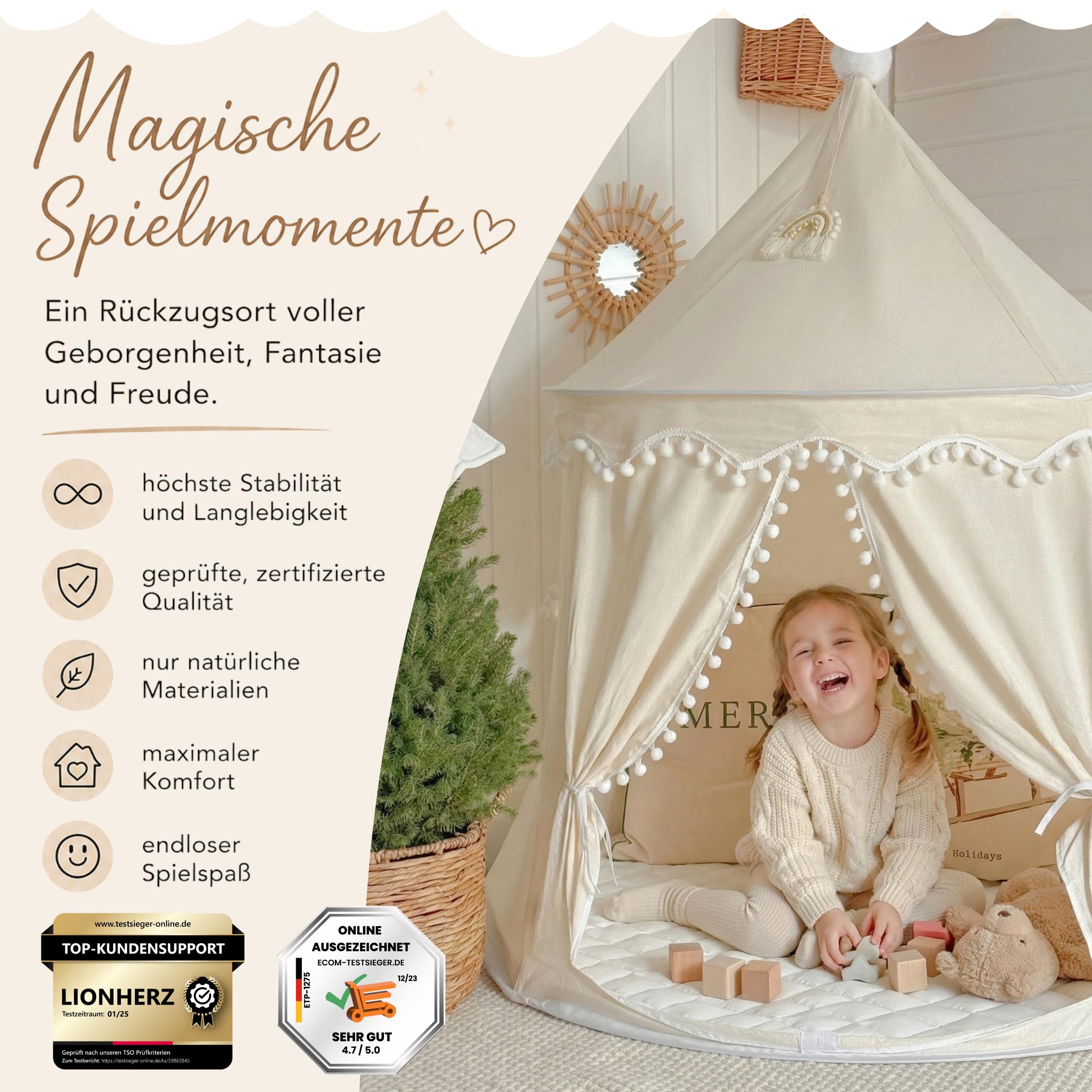 LIONHERZ® DAS ORIGINAL Spielzelt Baumwolle/Hanf | Kinderzelt Tipi Indoor | inkl. Bodenmatte, Deko-Regenbogen & Tragetasche | stabil durch Fiberglasstangen | atmungsaktiv | Tippi | Mädchen & Jungen