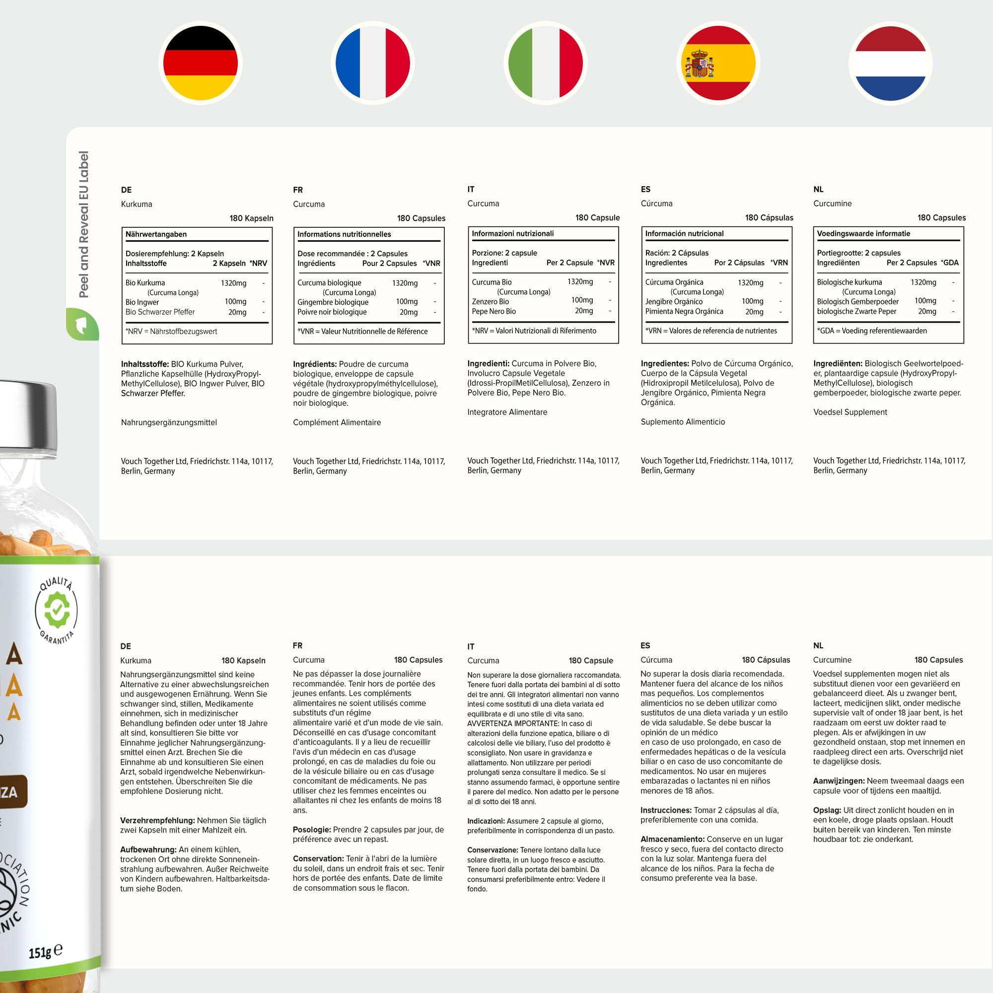 Bio Curcuma Capsule con Pepe Nero e Zenzero 1440 mg | 180 Capsule | 3 Mesi di Fornitura | Fonte di Curcumina e Piperina | Integratore Alimentare Biologico | VitaBright Curcuma Longa Complex