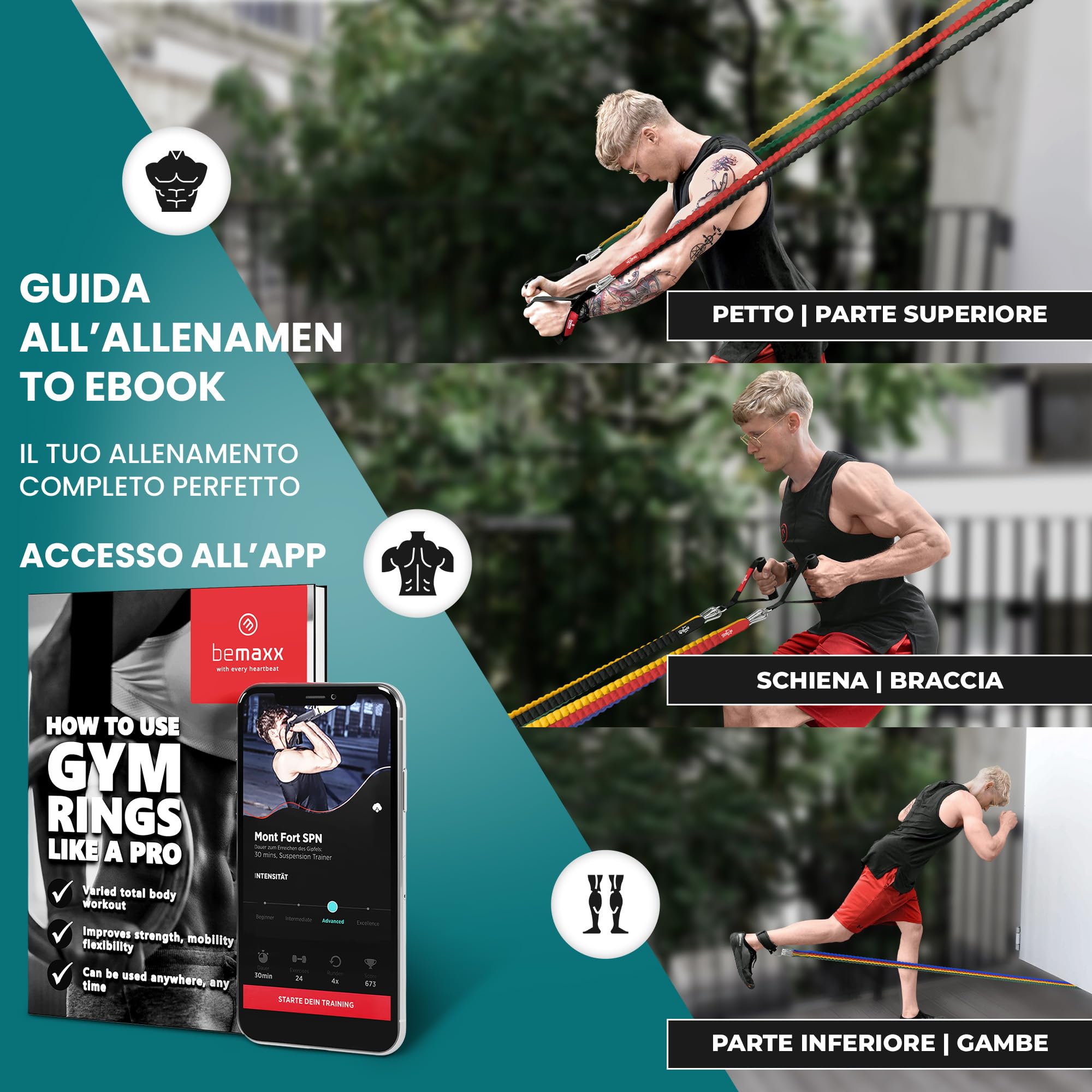 Set di fasce di resistenza + piano allenamenti - Kit elastici: 5 bande elastiche lattice, maniglie, cinghie per caviglie + ancoraggio, gancio da porta | Tubi fitness palestra sport stretching