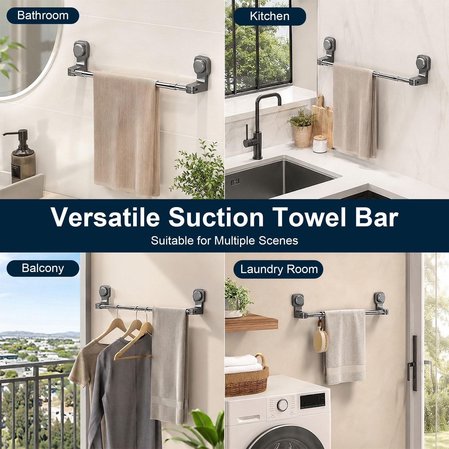 Toallero de Ventosa, Toallero sin Perforar Azulejos, Barra de Toalla Extensible Acero Inoxidable, Toallero Telescópico Ajustable Giratorio para Baño Cocina Ducha(Blanca,65-130cm)