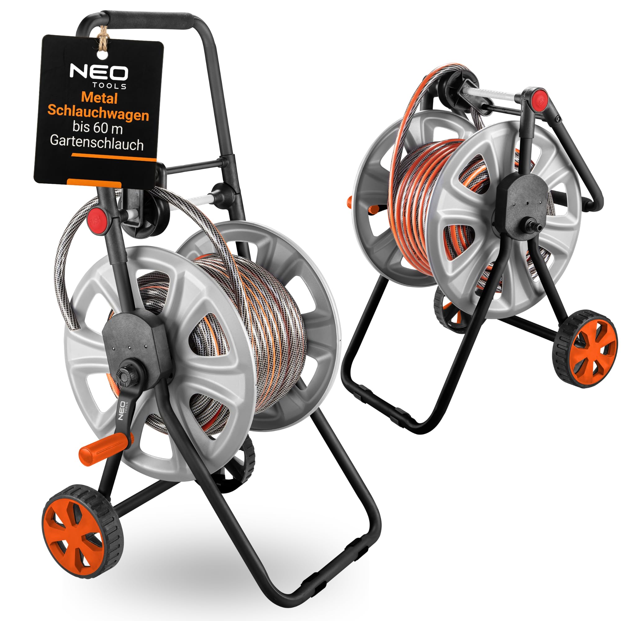 NEO TOOLS Garten Schlauchwagen bis 60 m Gartenschlauch (1/2") - Schlauchtrommel aus Metal | Verhindert Schlauchknicken, Stabil und Langlebig, Rutschfester und Klappbarer Griff, Metallrahmen