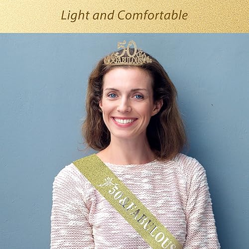 Miniatura 4 de Banda y tiara de cumpleaños número 50 para mujer, fabulosa banda con purpurina + fabulosa tiara de metal plateada de diamantes de imitación para