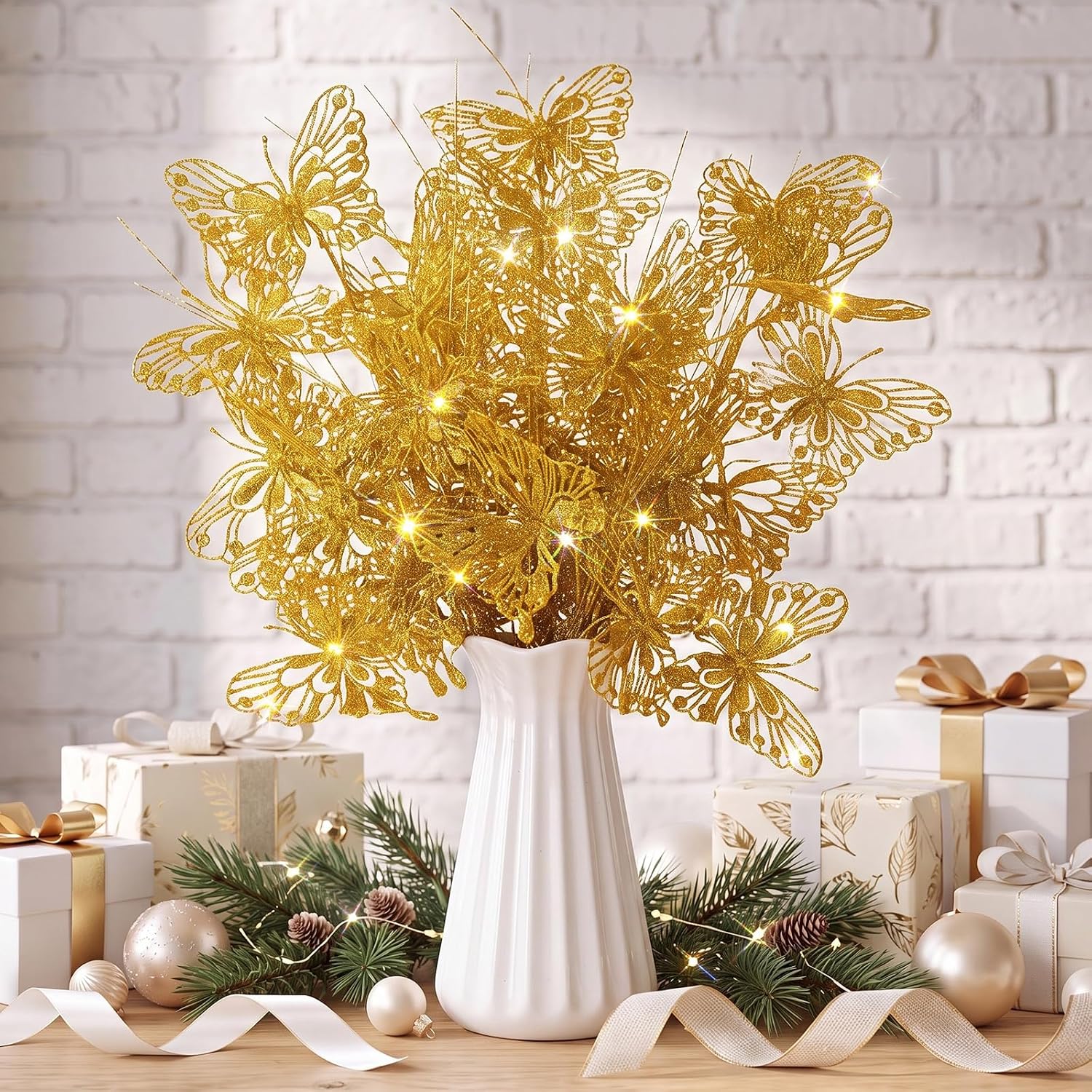 Thiccywoov 6 Pcs Glitter Butterfly Christmas Picks for Floral Arrangements