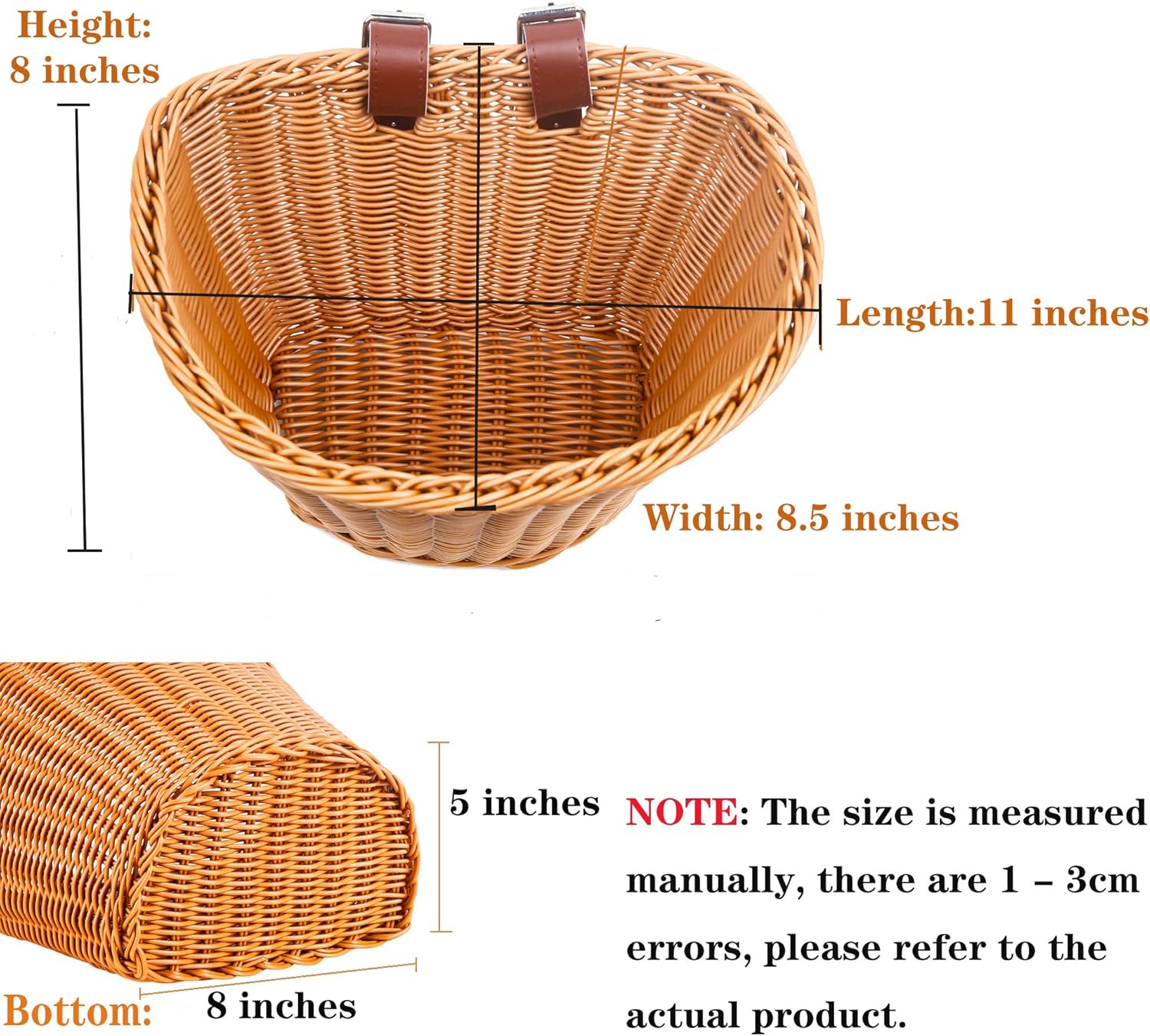 Bike Basket, Front Handlebar Storage Basket with Adjustable Leather Straps, Bicycle Accessories, Hand Woven, Waterproof (Brown(11 * 8.5 * 8 in)