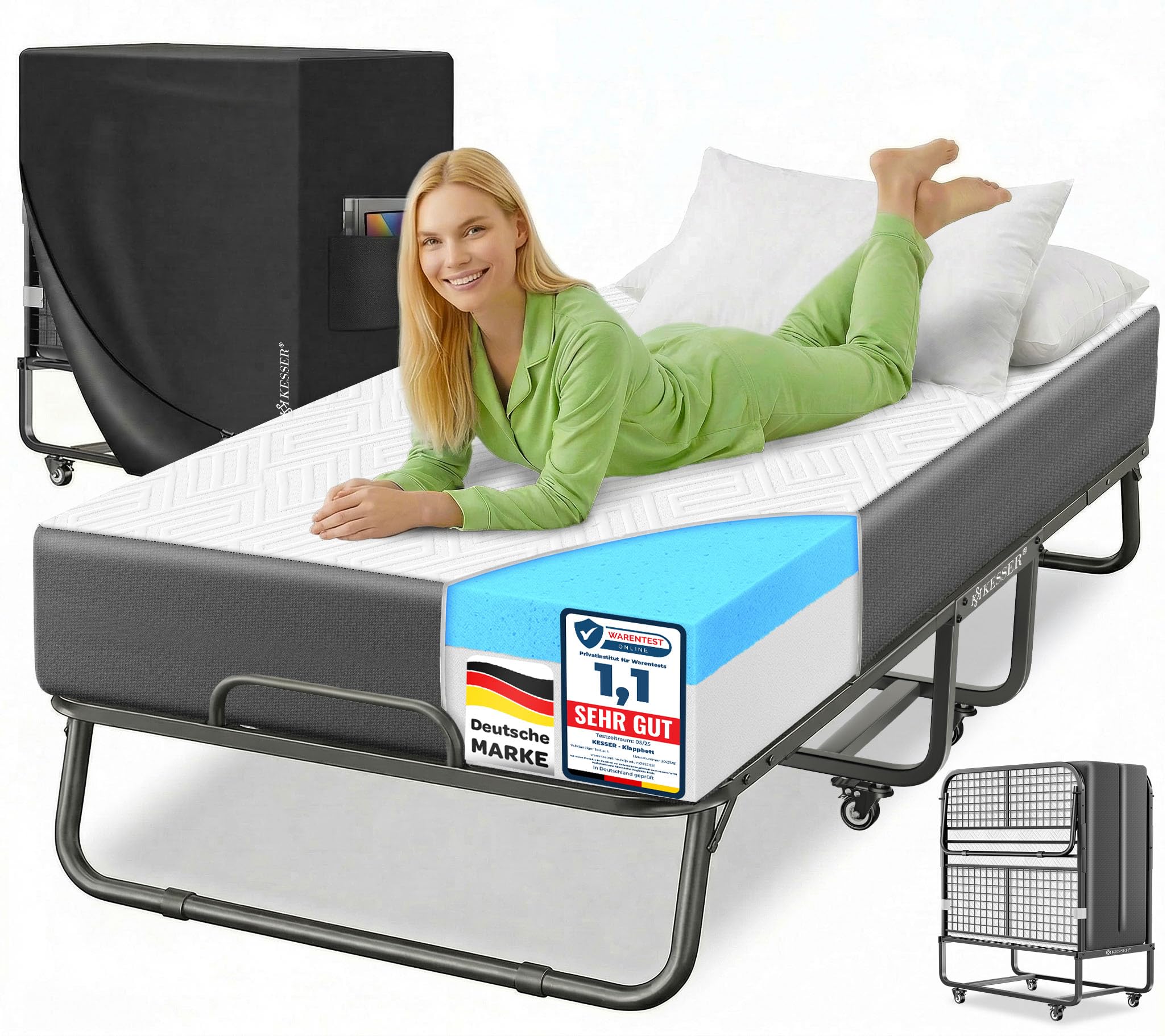 KESSER® Letto pieghevole 200 x 90 cm, con materasso in memory foam e ruote, letto da viaggio pieghevole con telaio in metallo, portata fino a 250 kg, letto in metallo con materasso in schiuma e