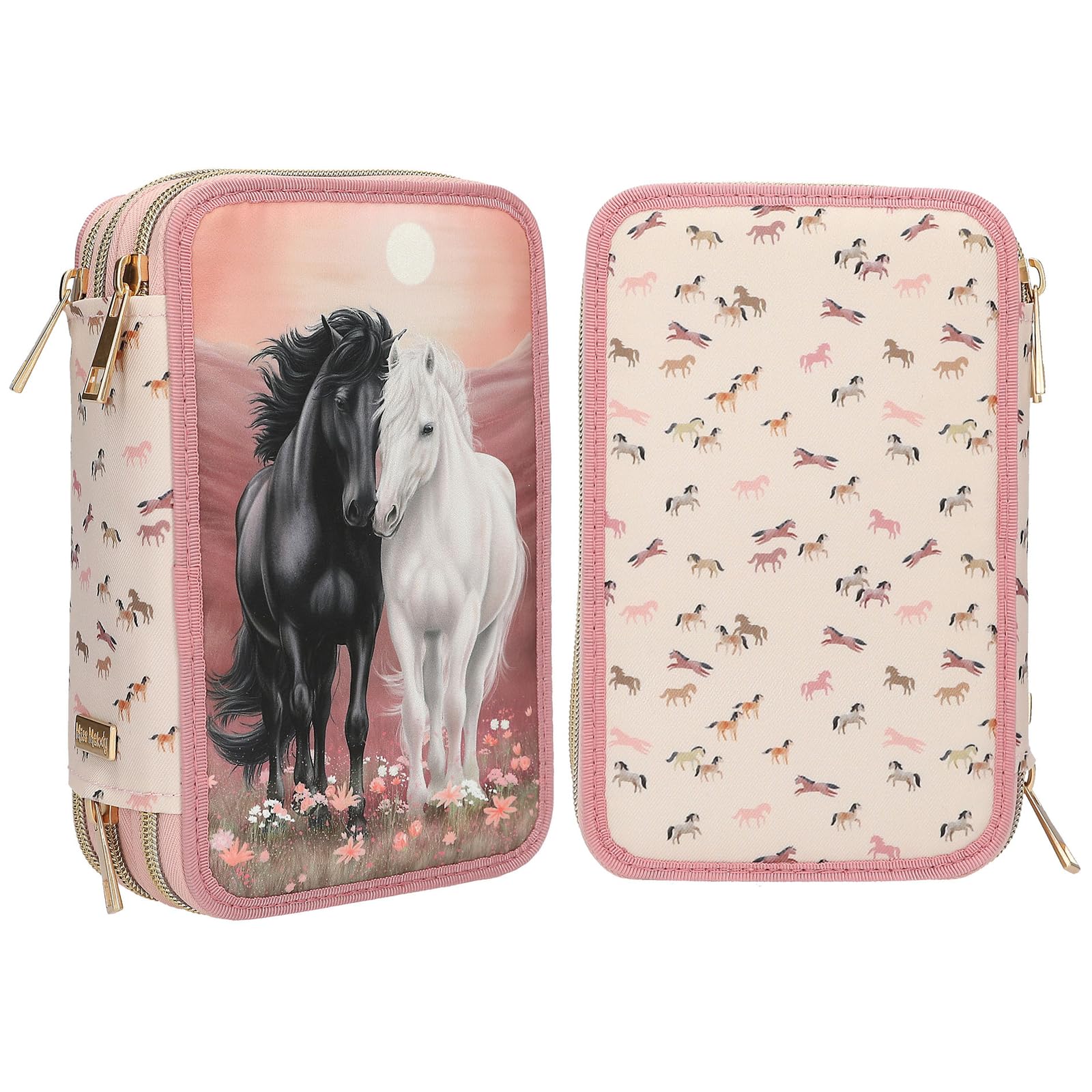 Depesche Miss Melody Blossom Pony 3-Fach Federtasche Rosa Pferde Motiv Federmappe mit Buntstiften Schere Lineal