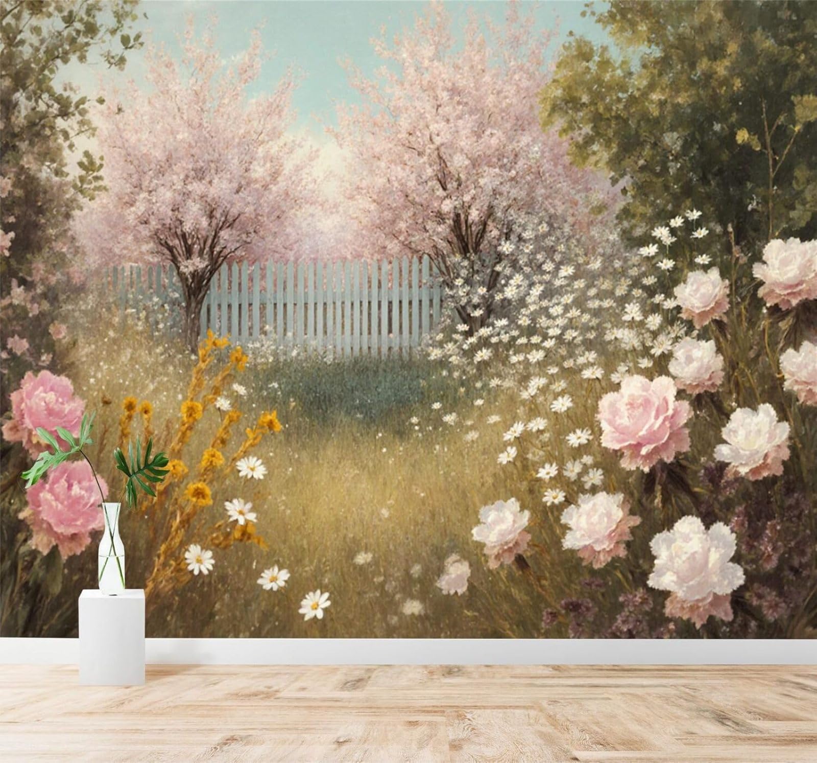 Xlming 400Cm×280Cm(B×H) Spring Garden Cherry Blossoms White Fence Wildflowers 3D Wallpaper Silky Texture Home Study Office Grey Dining Room Sofa Bedroom Living Room Tv Backdrop-400Cm×280Cm