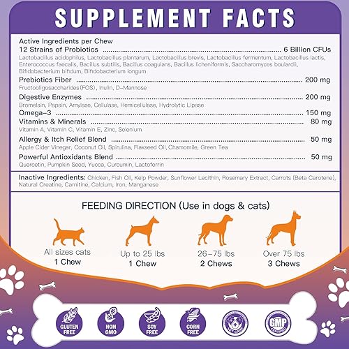 Miniatura 6 de Probióticos para perros, probióticos liofilizados para perros y enzimas digestivas, además de omega-3 para picazón en la piel, prebióticos 3 en 1