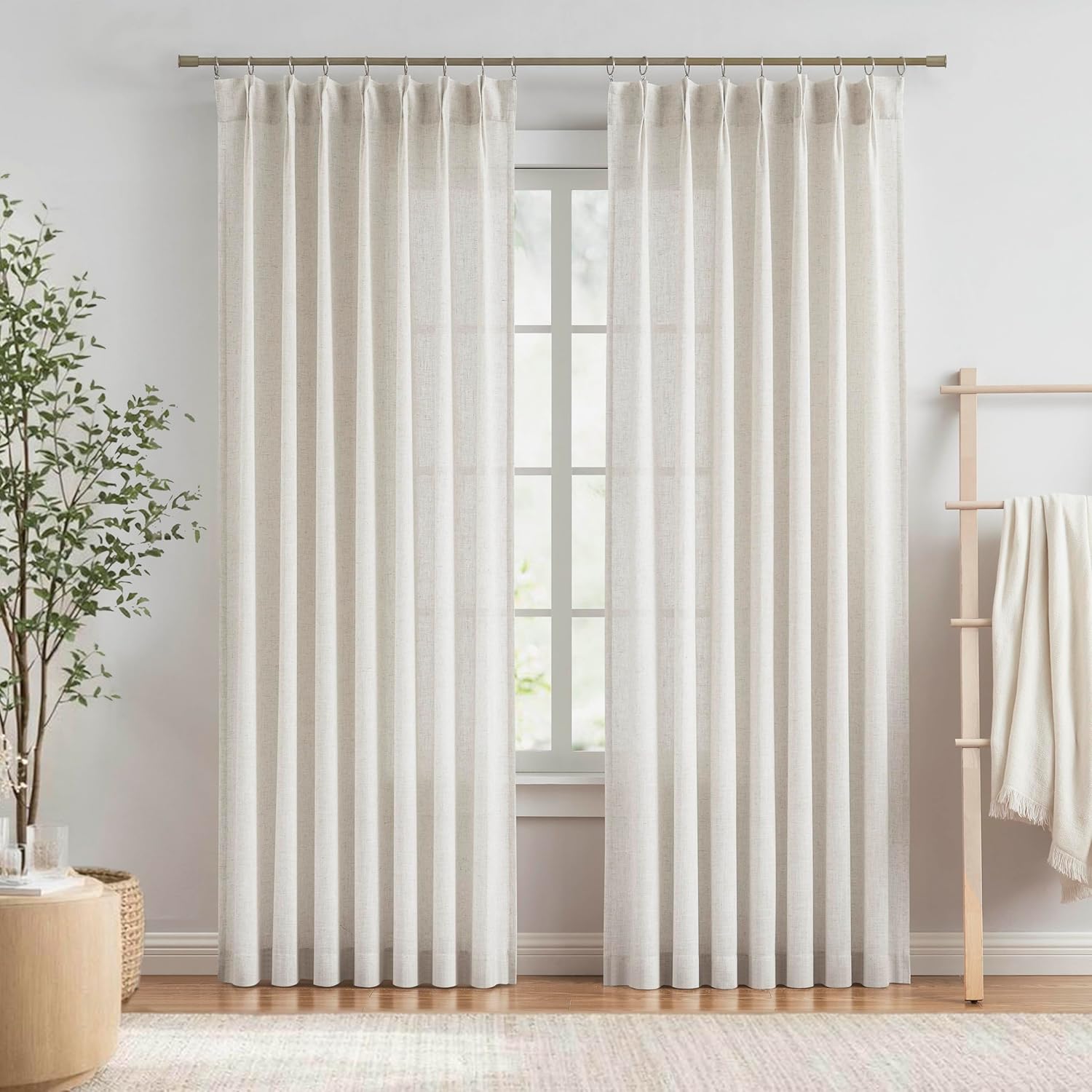 Vision Home Natural Pinch Pleated Semi Sheer Curtains Textured Linen Blended Light Filtering Window Curtains 95 inch for Living Room Bedroom Pinch Pleat Drapes with Hooks 2 Panels 42″ Wx95 L