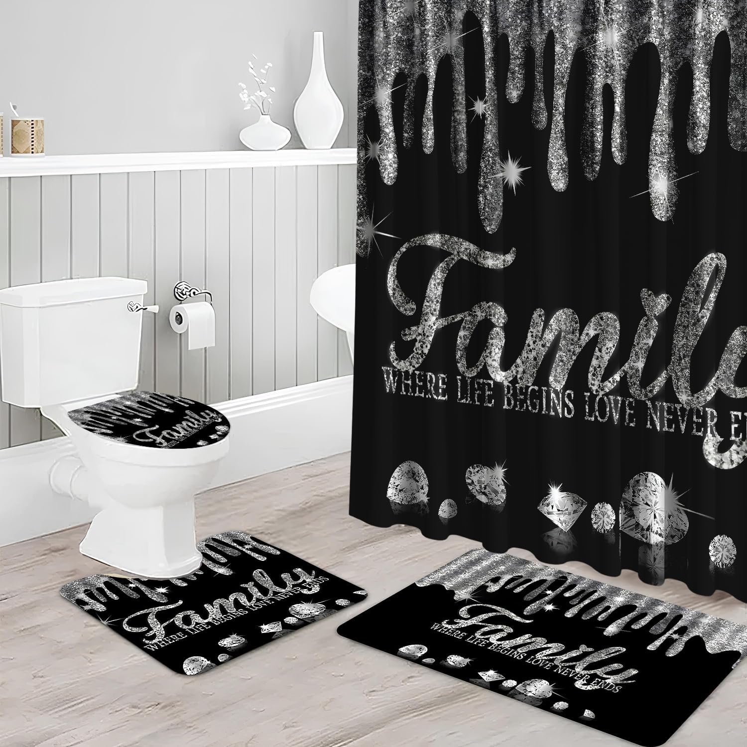 Bling Diamond Shower Curtain Bathroom Sets, Family Black and White Shower Curtain with Toilet Lid Cover and Rugs 4Pcs, Silver Luxury Shiny Curtains for Bath Laundry Restroom Home Decorations