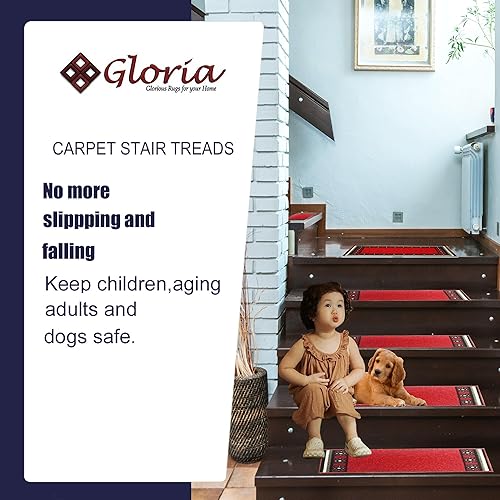 Miniatura 49 de Gloria Alfombra antideslizante para peldaños de madera, alfombras de goma antideslizante para escaleras, juego de 7 alfombras de escalera rojo