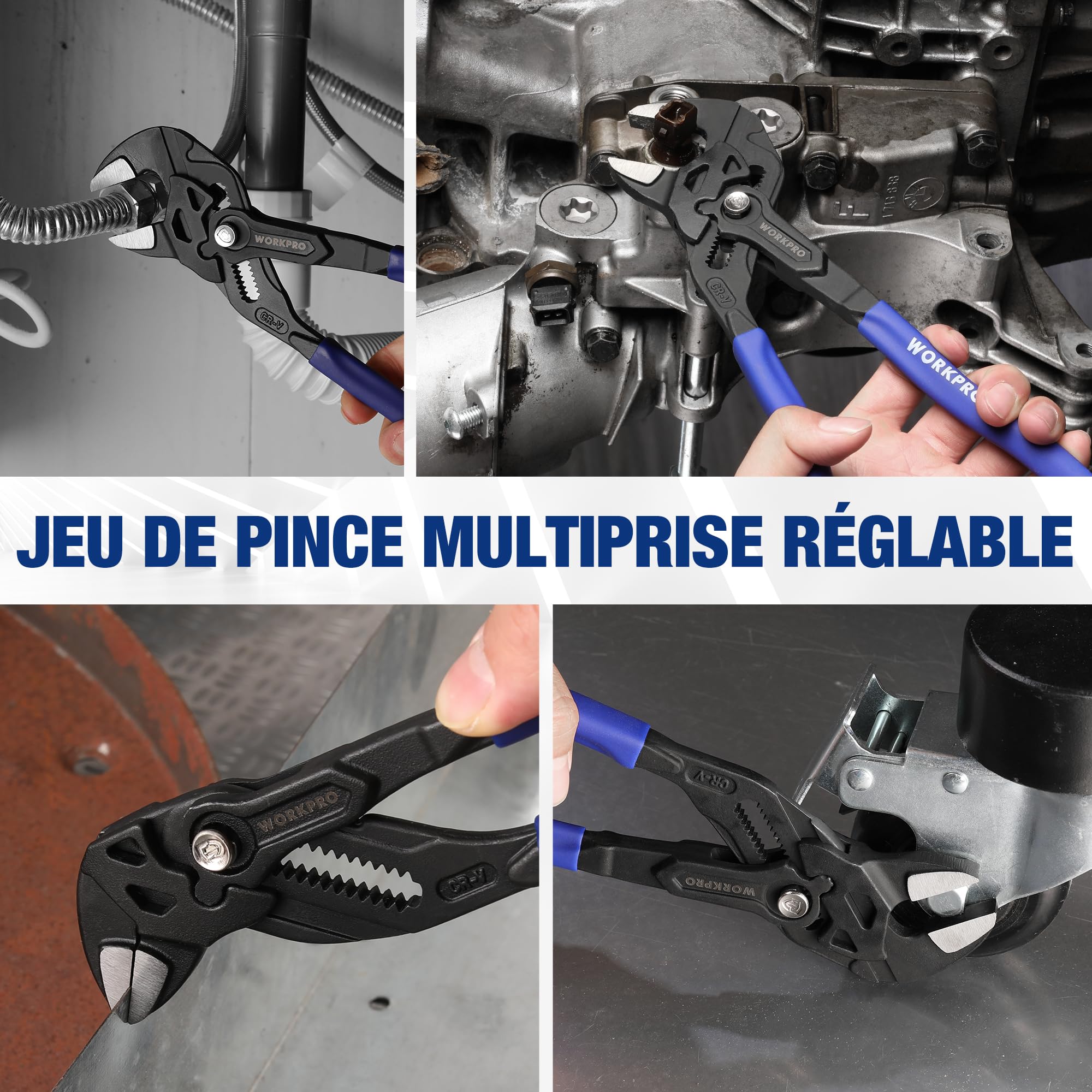 WORKPRO Jeu de 2 Clés à Pince 180 et 255 mm, Pince Multiprise en Acier Cr-V, Serrage Rapide, Ouverture Maximale de 40/50 mm, Polyvalente pour Serrage et Ajustement