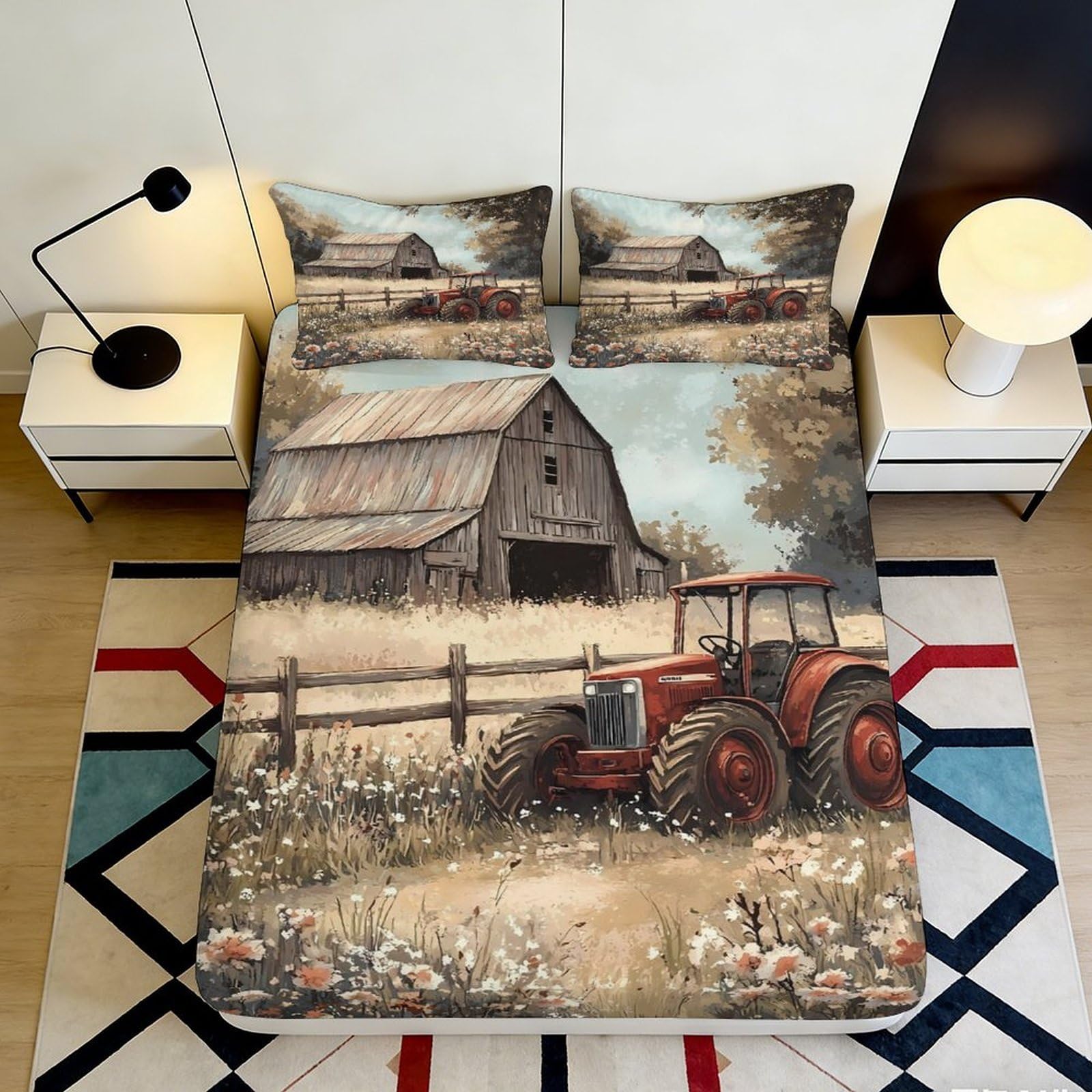 3D Printed Rustic Tractor Fitted Sheet Microfiber Soft Breathable Barn Farm Mattress Cover for Bedroom Dormitory Guest Room Protection Decor 180x200x25cm