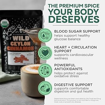 Wild Ceylon Cinnamon Powder - 100% Organic from Sri Lanka - USDA Approved, 16oz Low Coumarin - Aromatic Cinnamon - Ideal for Smoothies, Baking and Coffee - Support Overall Wellness