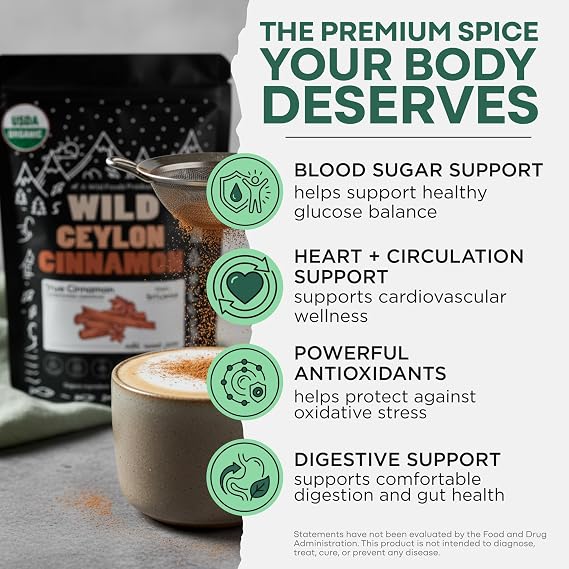 Wild Ceylon Cinnamon Powder - 100% Organic from Sri Lanka - USDA Approved, 16oz Low Coumarin - Aromatic Cinnamon - Ideal for Smoothies, Baking and Coffee - Support Overall Wellness