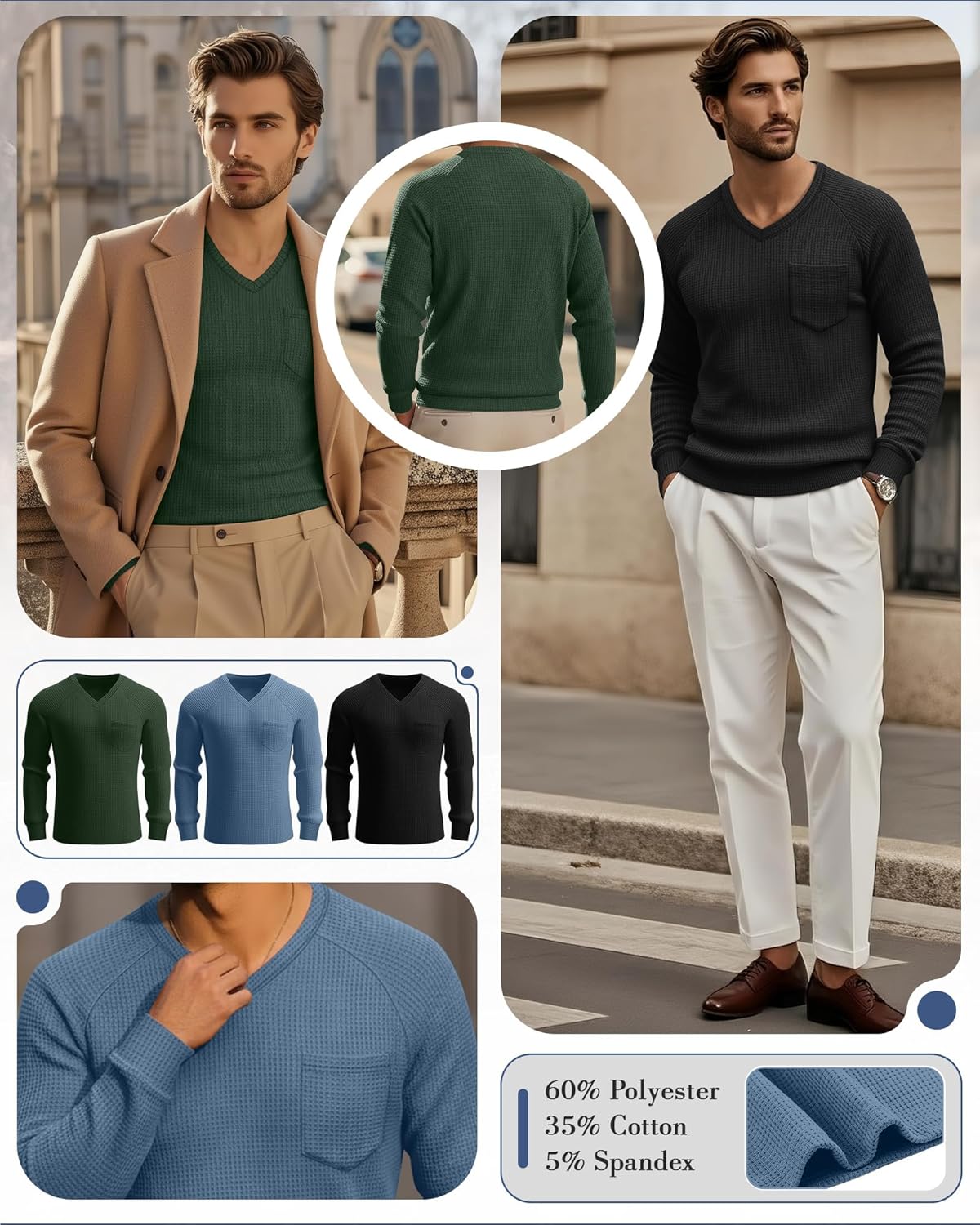 Neer 3 Pack Men's Big and Tall Waffle Thermal Long Sleeve Shirts V Neck Tops Casual Pullover Knit Undershirt with Pockets - Image 5