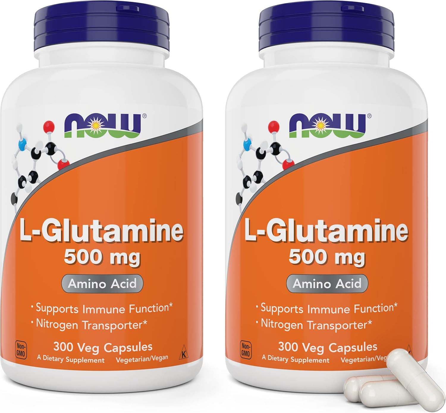 Now L-Glutamine 500mg 300 Veg Capsules (Pack of 2) - Non-GMO Supplement - Vegan Lglutamine 500 mg Caps