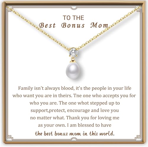 Bonus Mom Gifts, Gold Pearl Necklace Bonus Mom Birthday Gifts Necklaces for Wome