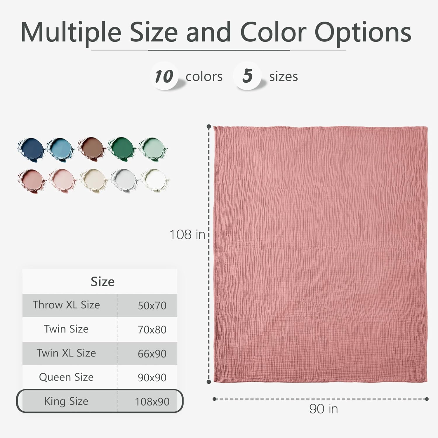 Carriediosa 100% Cotton Muslin Throw Blanket 108" X 90" King Size，4-Layers Summer Gauze Throws for Bed Couch，Soft Lightweight Breathable Linen Blankets Bedspread for Adults All Season，Mauve - Image 9