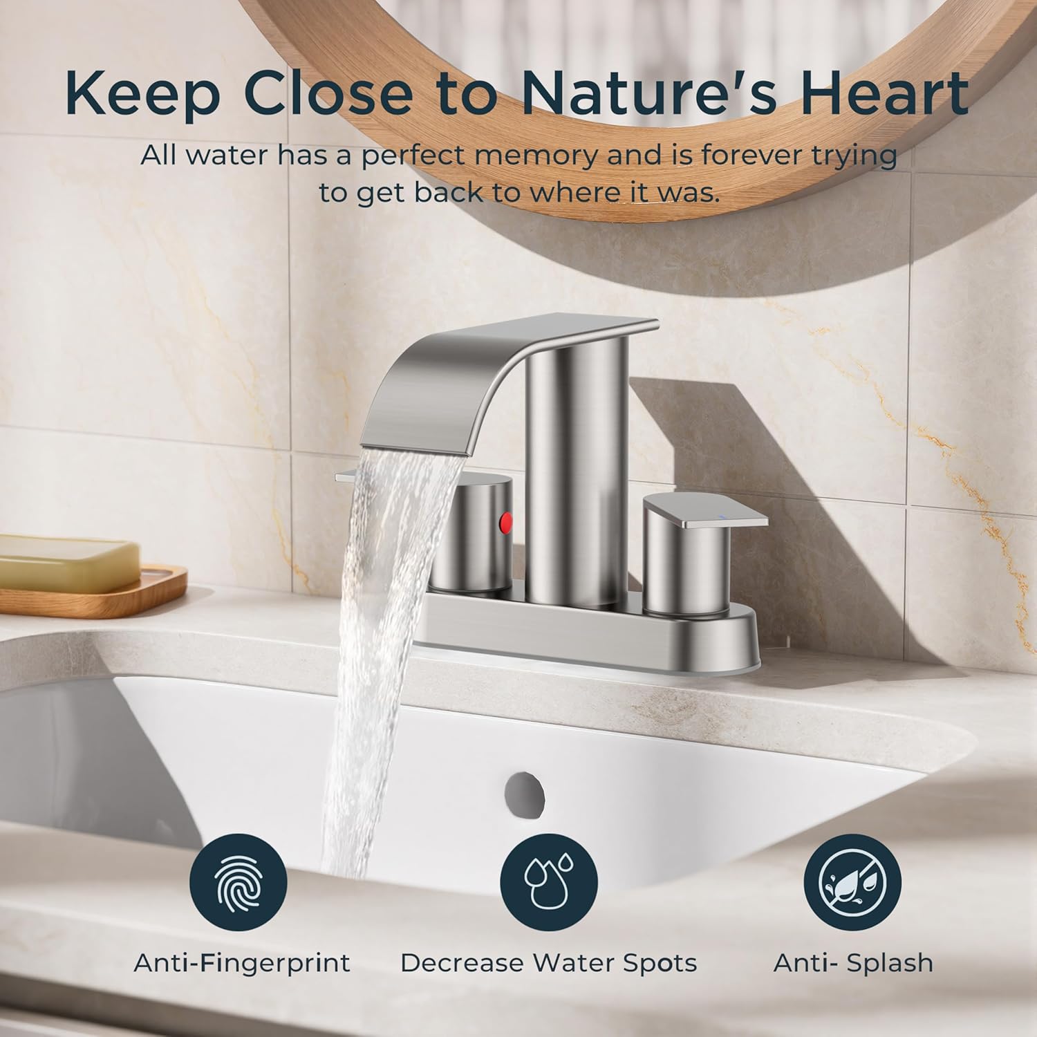 FORIOUS Brushed Nickel Bathroom Sink Faucet, Waterfall 4 Inch Centerset Bathroom Faucets with Metal Pop up Drain and cUPC Hose for Basin, Vanity, RV, Pedestal 2 or 3 Hole Sink